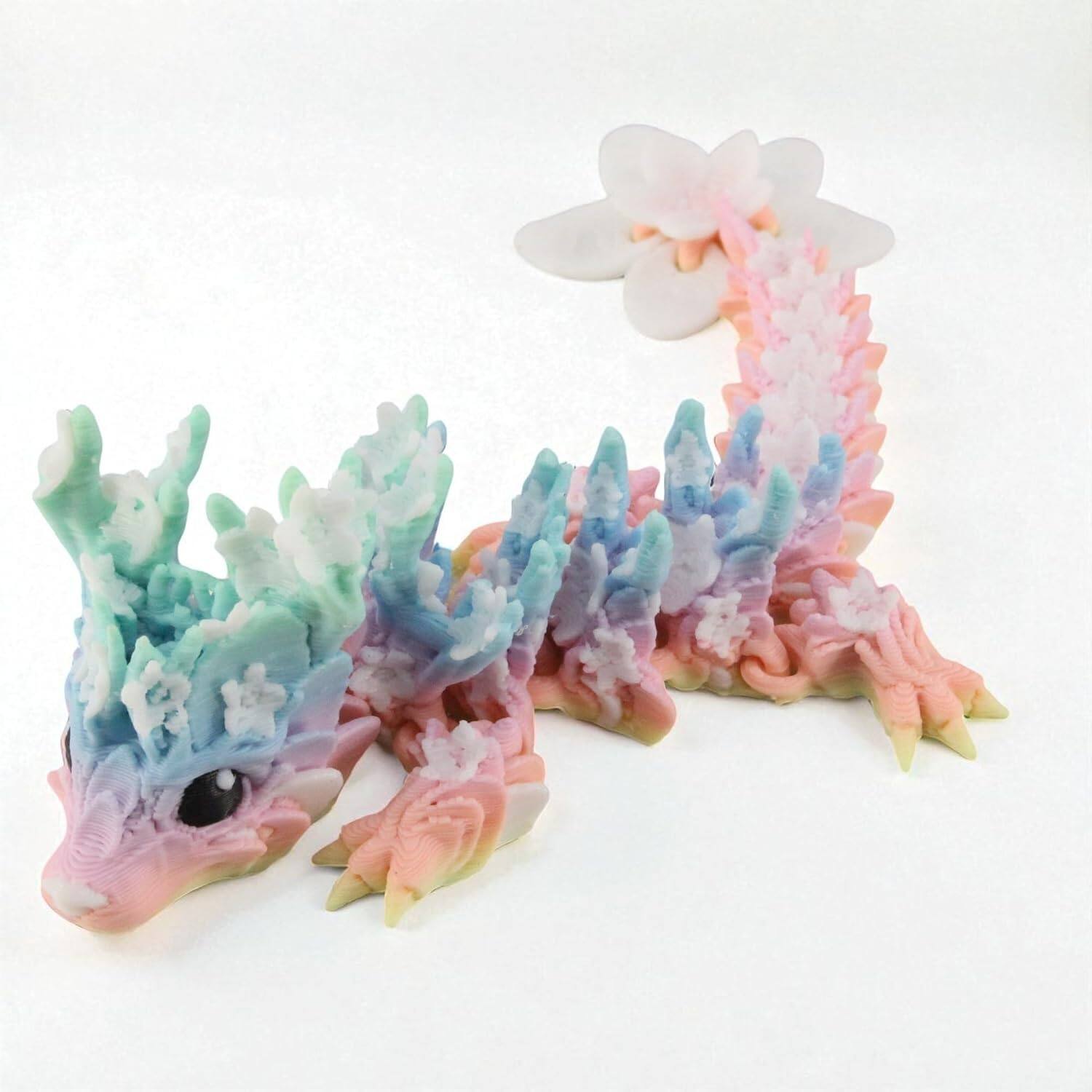 Front. JuzToys - Mini Articulated 3D Printed Dragon, Cute Baby Blossom Dragon, Poseable Fidget Toy 4.5" | Made in USA by PowerTRC - Multicolored.