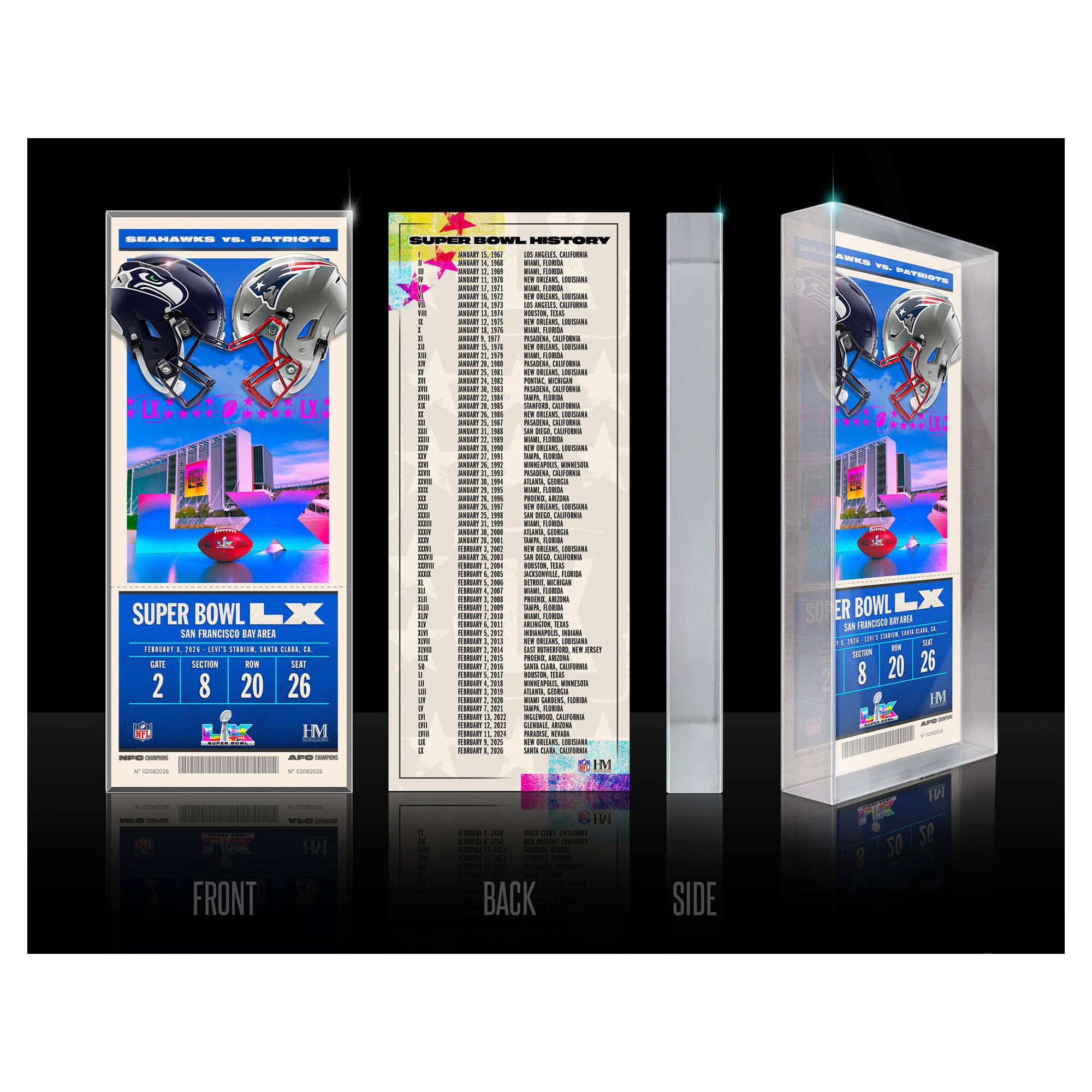 vs. Seattle Seahawks Super Bowl LX Matchup Ticket Acrylic 3D Block