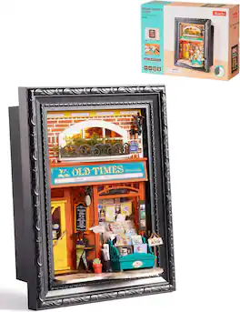 Robotime - Rolife Old Times Bookstore 3D Diorama Frame, Wall-Mounted Shadow Box Display Case, Beginner-Friendly Craft Kits - Brown