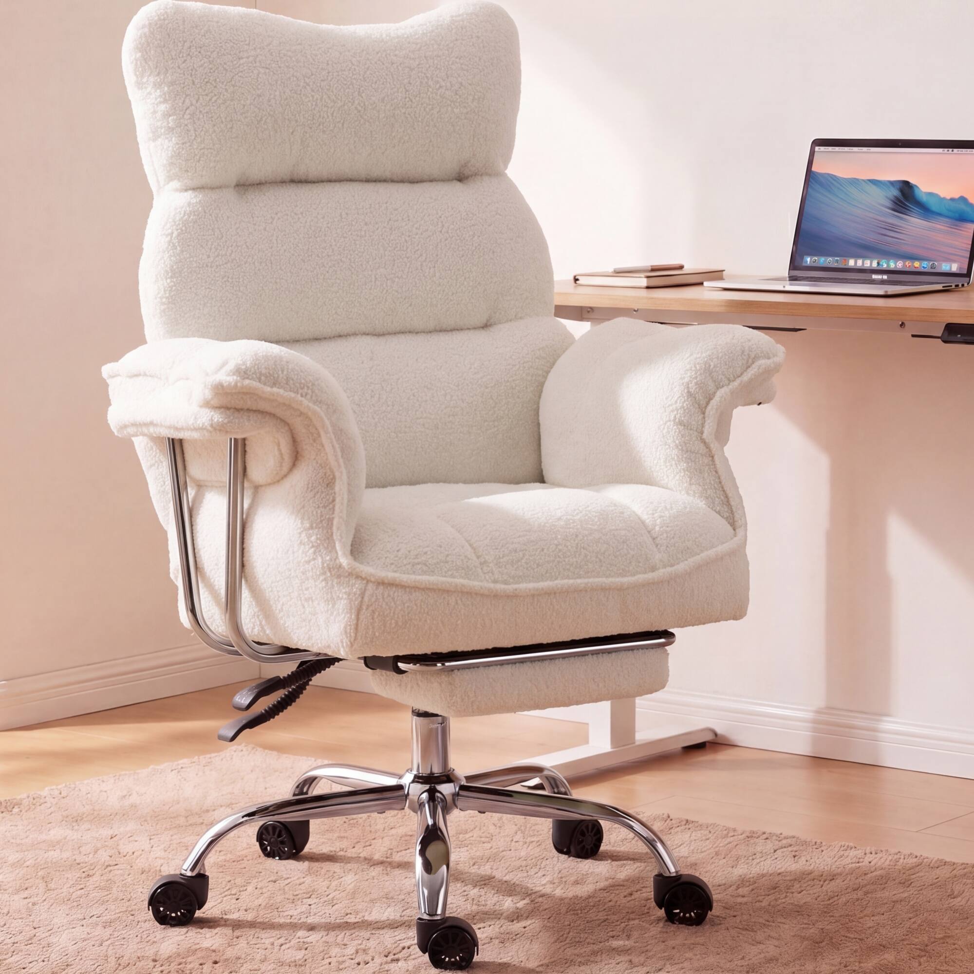 Angle. Dowinx - Big & Tall Ergonomic Chair, Wide/Thick Cushion, Reclining High-Back w/Footrest, Teddy Fleece - White.