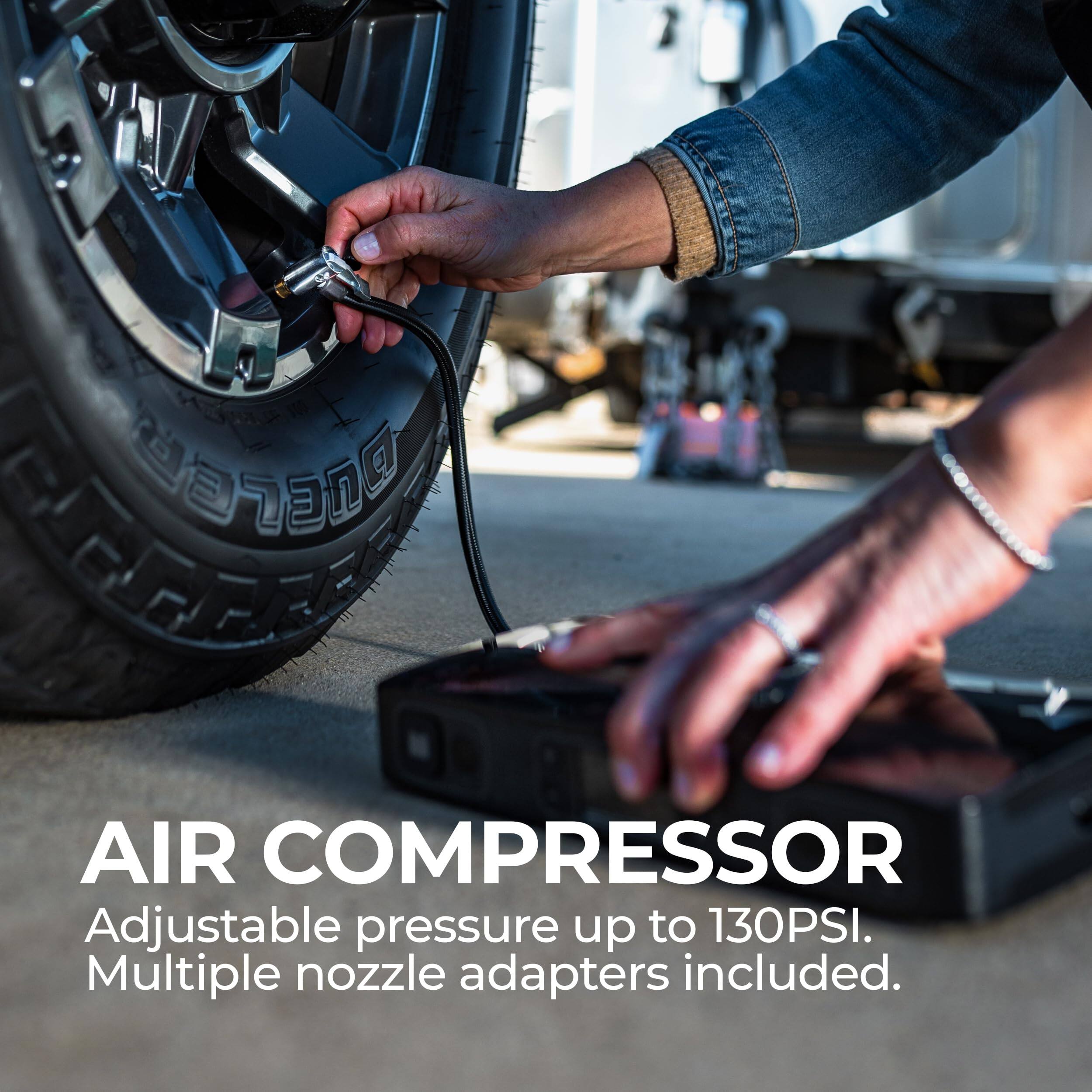 AIR COMPRESSOR  
Adjustable pressure up to 130PSI.  
Multiple nozzle adapters included.