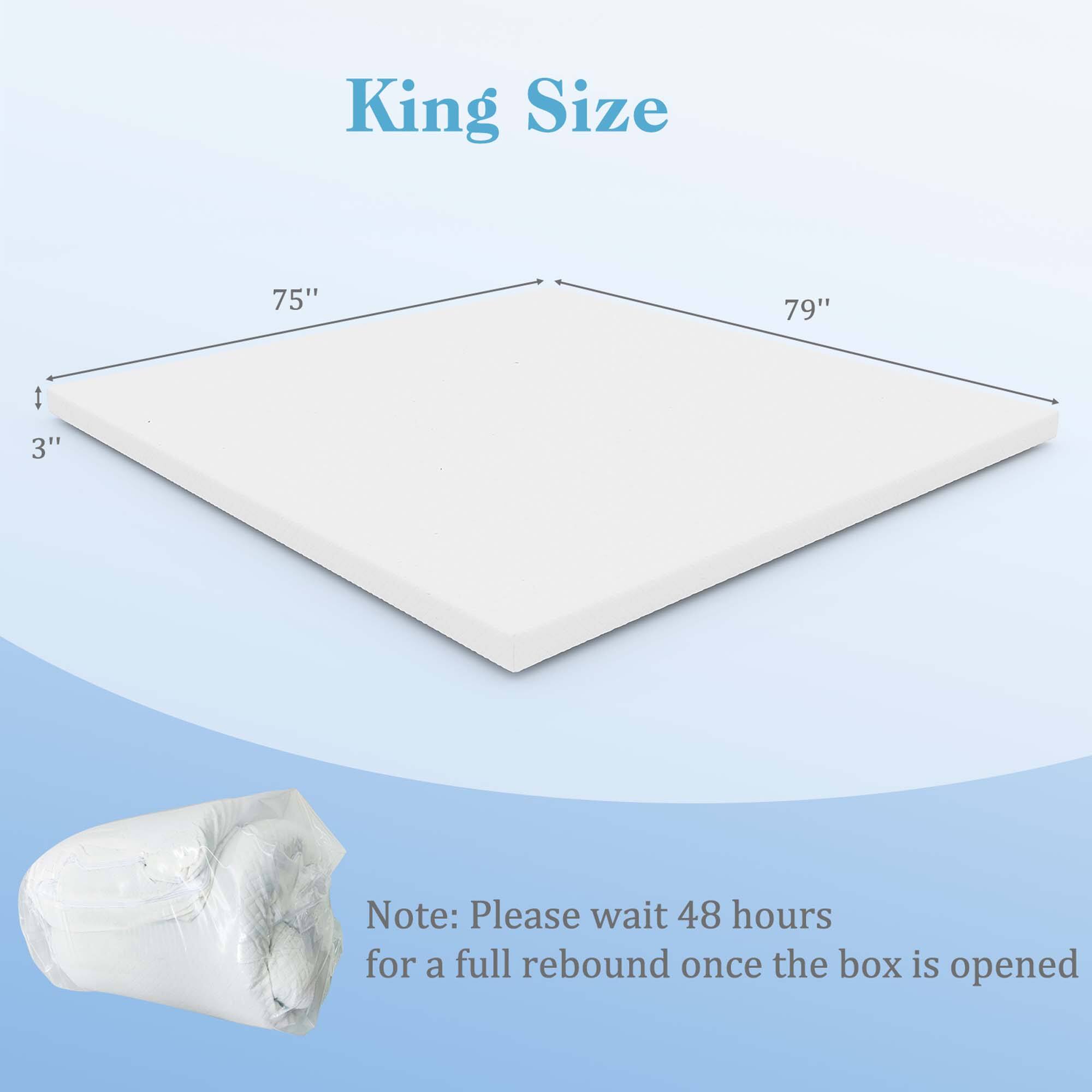 King Size

75" 79" 3"

Note: Please wait 48 hours for a full rebound once the box is opened