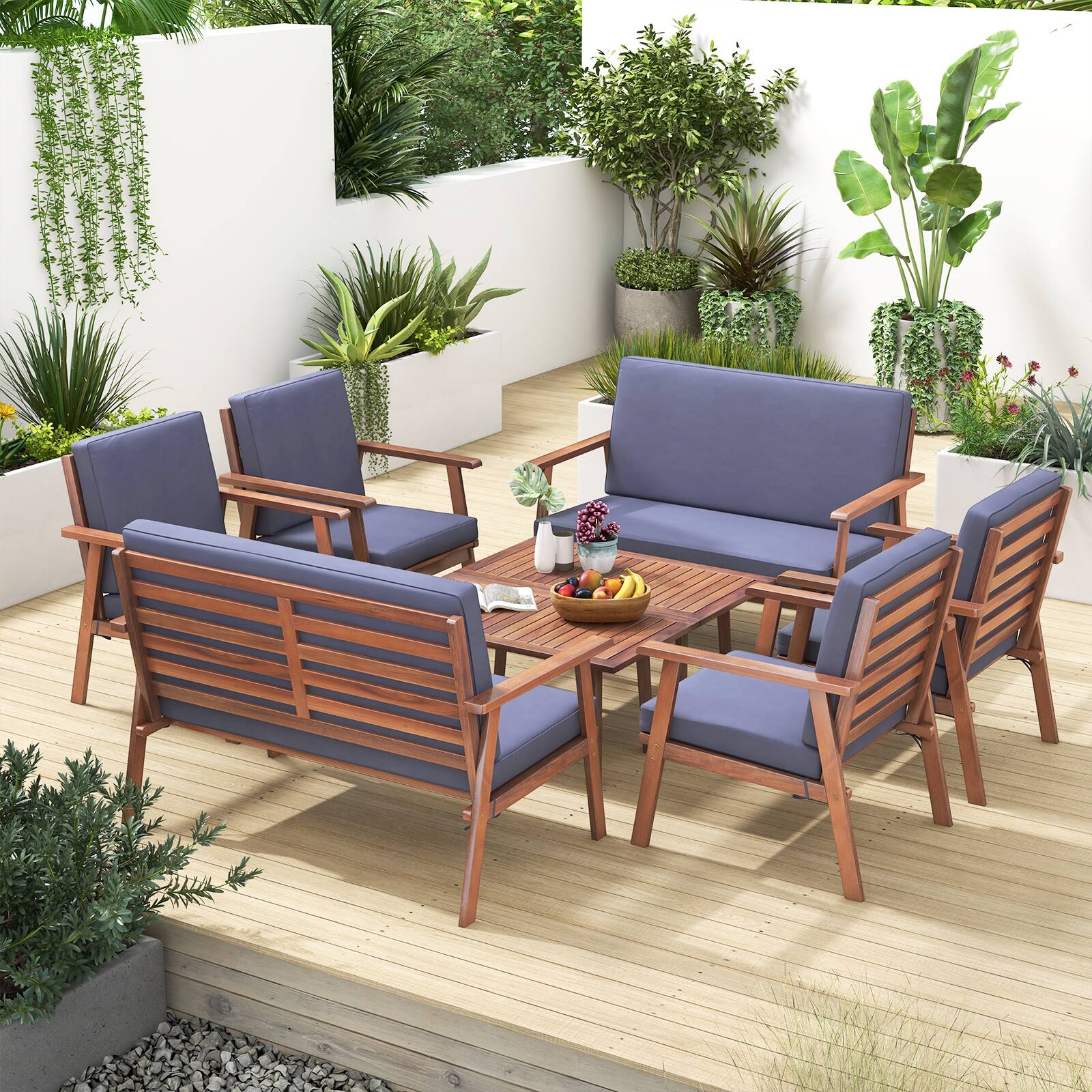 Alt View 3. Costway - 8 PCS Patio Conversation Set Acacia Wood Sofa Coffee Table with Cushioned Seat - Natural + Gray.
