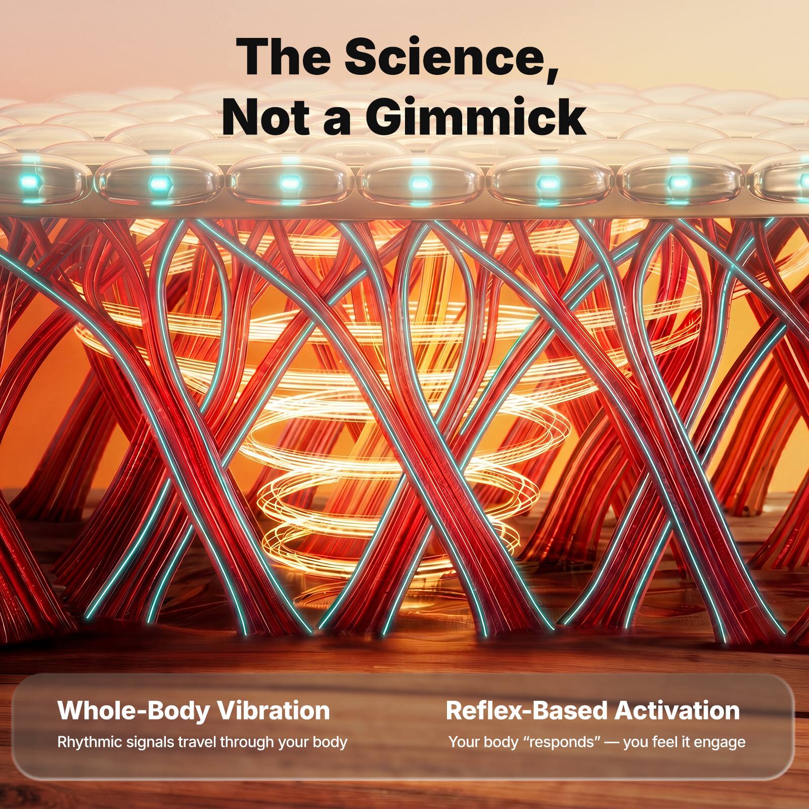 The Science, Not a Gimmick

Whole-Body Vibration
Rhythmic signals travel through your body

Reflex-Based Activation
Your body "responds" — you feel it engage