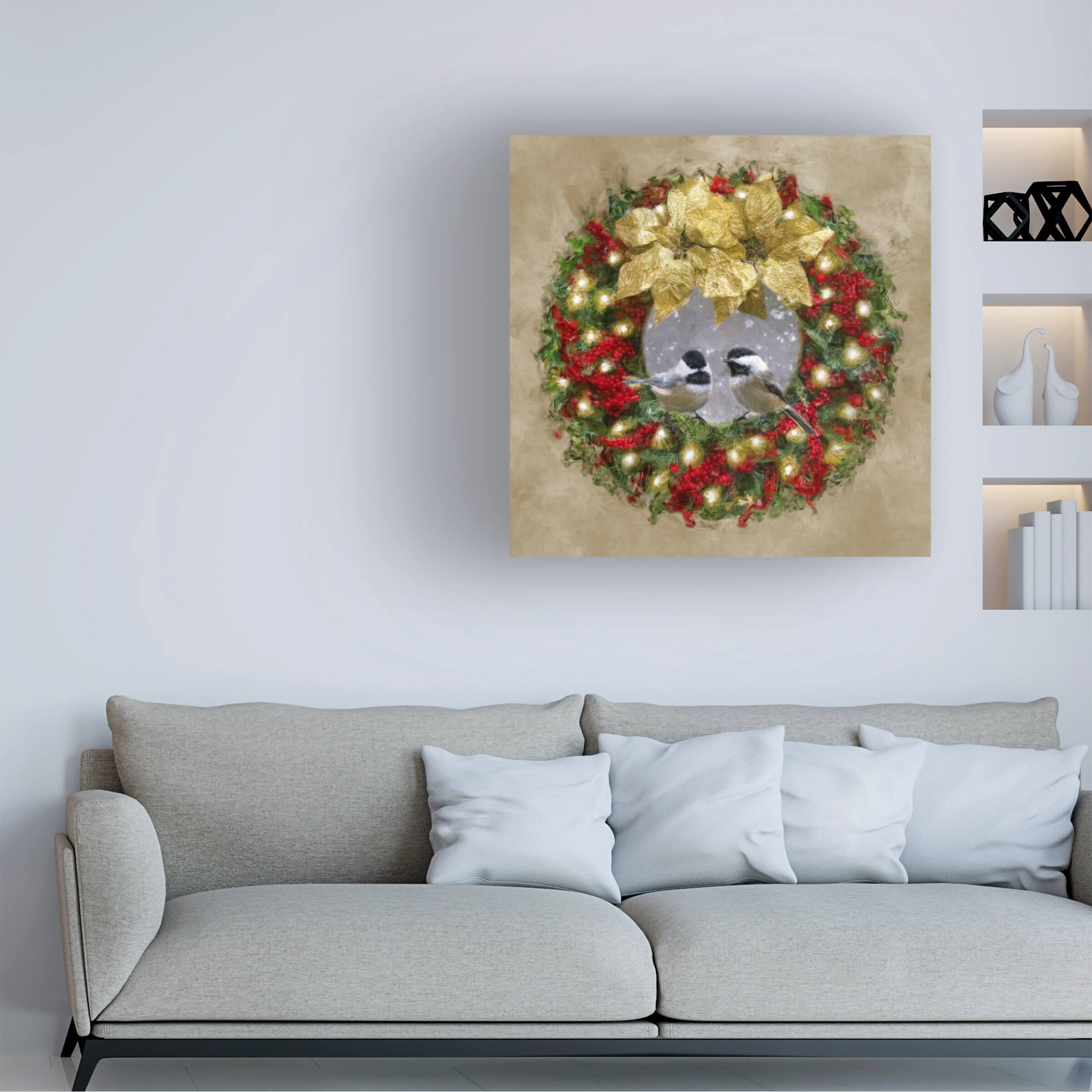 Angle. Trademark Fine Art - Emma Eve Cunningham Chickadees In A Christmas Wreath Canvas Art - 24x24 - Multicolor.