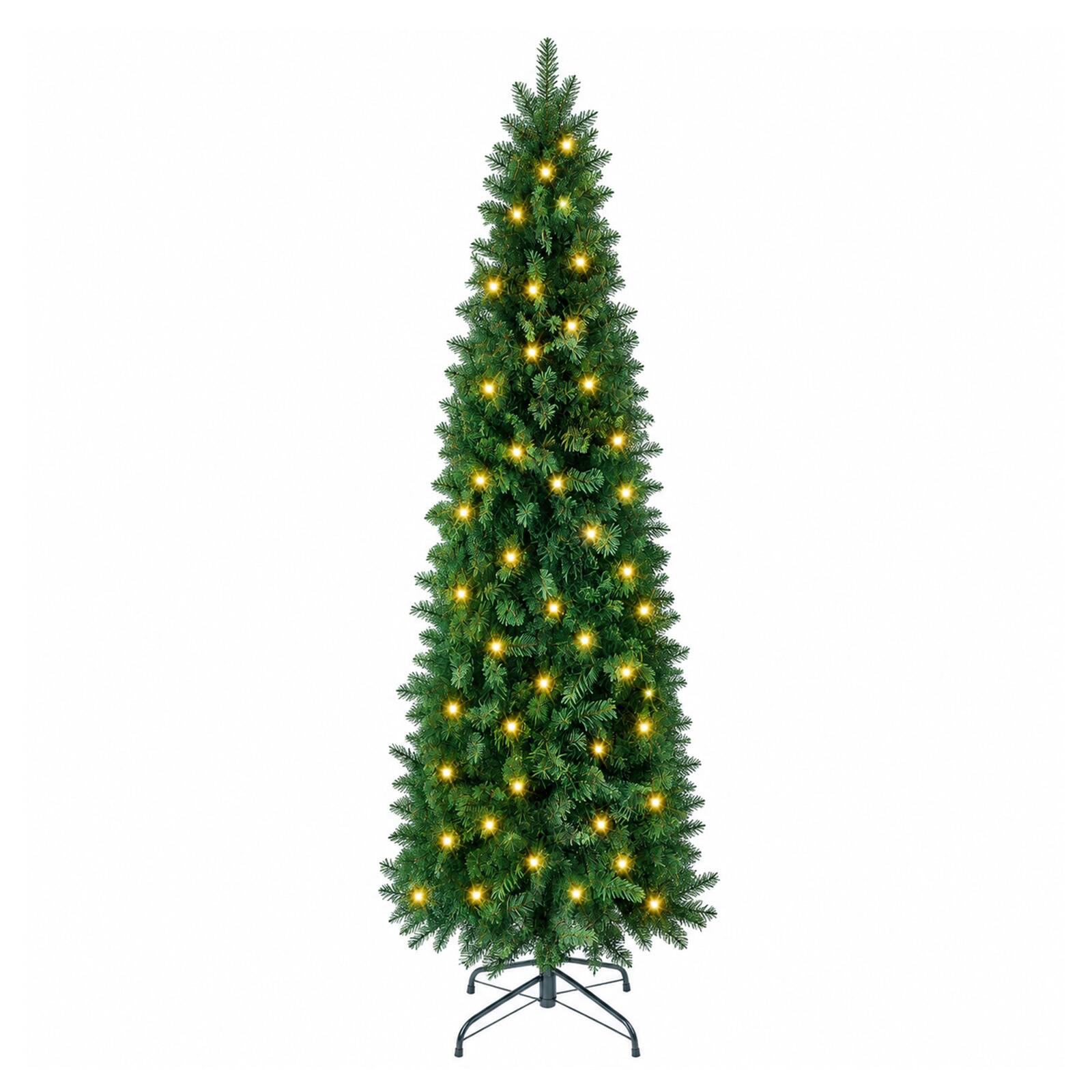 Front. Sweetcrispy - Pre-lit Slim Artificial Christmas Tree with LED Lights 8 Light Modes - Green.