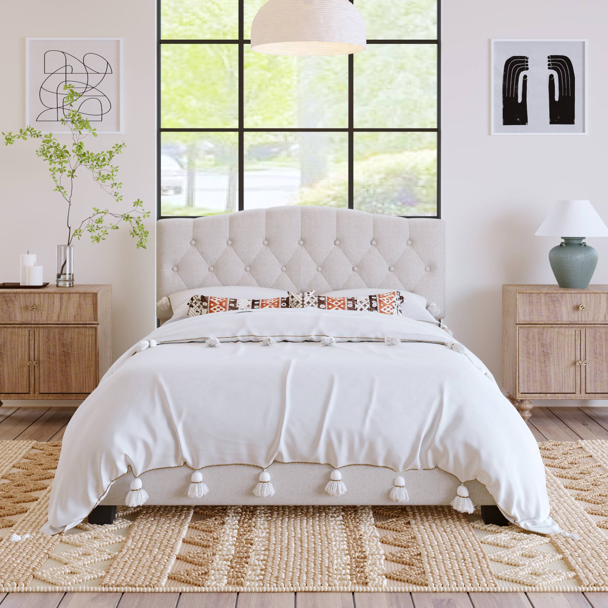Alt View 1. GOODSILO - Upholstered Platform Bed with Adjustable Headboard and Diamond Tufted Details, Wooden Slats and Metal Support - Beige.