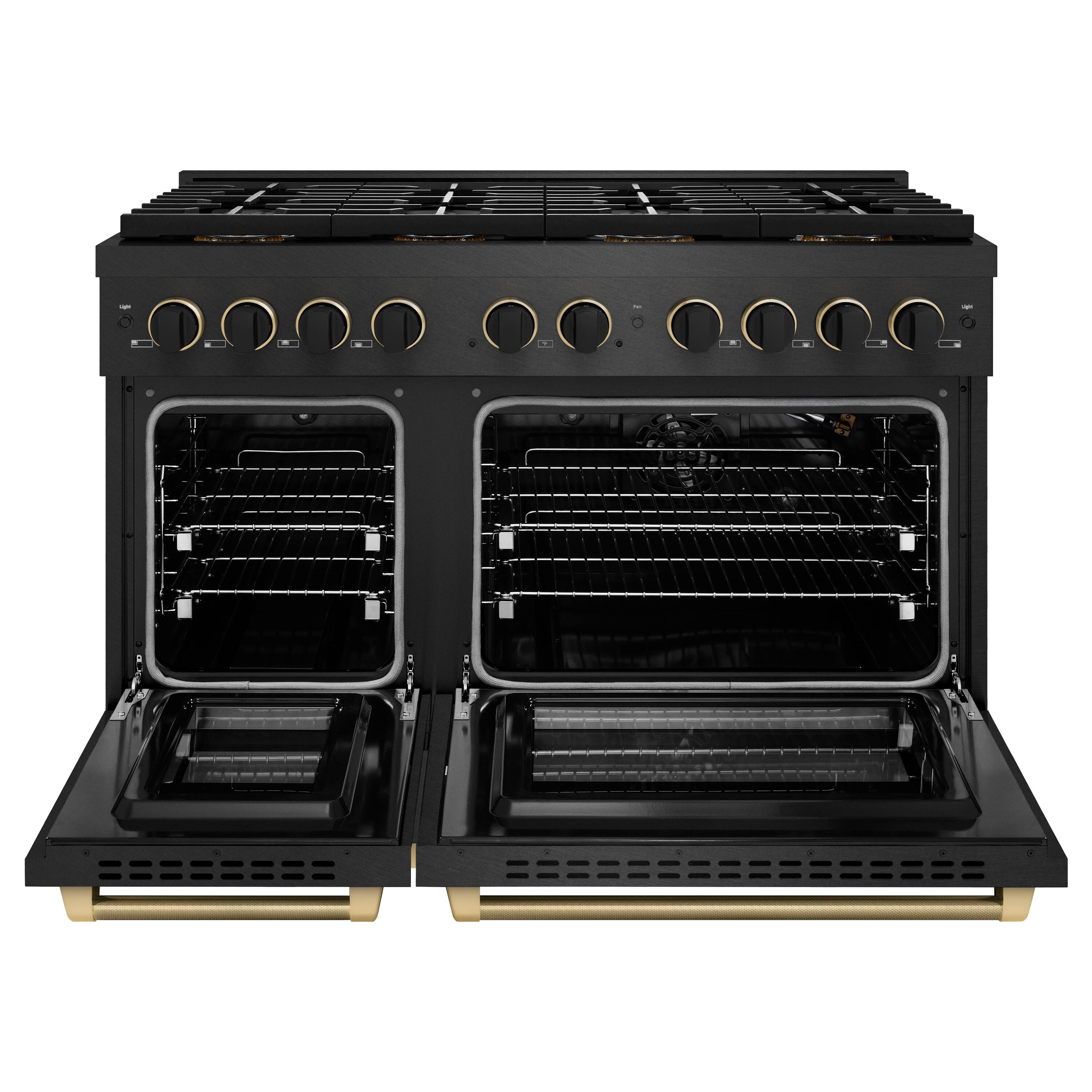Angle. ZLINE - ZLINE Designer 48 in. 6.7 cu. ft. Double Oven Freestanding DuoPro Gas Range in Black Satin with Black and Bronze Accents - Black Satin Stainless Steel.