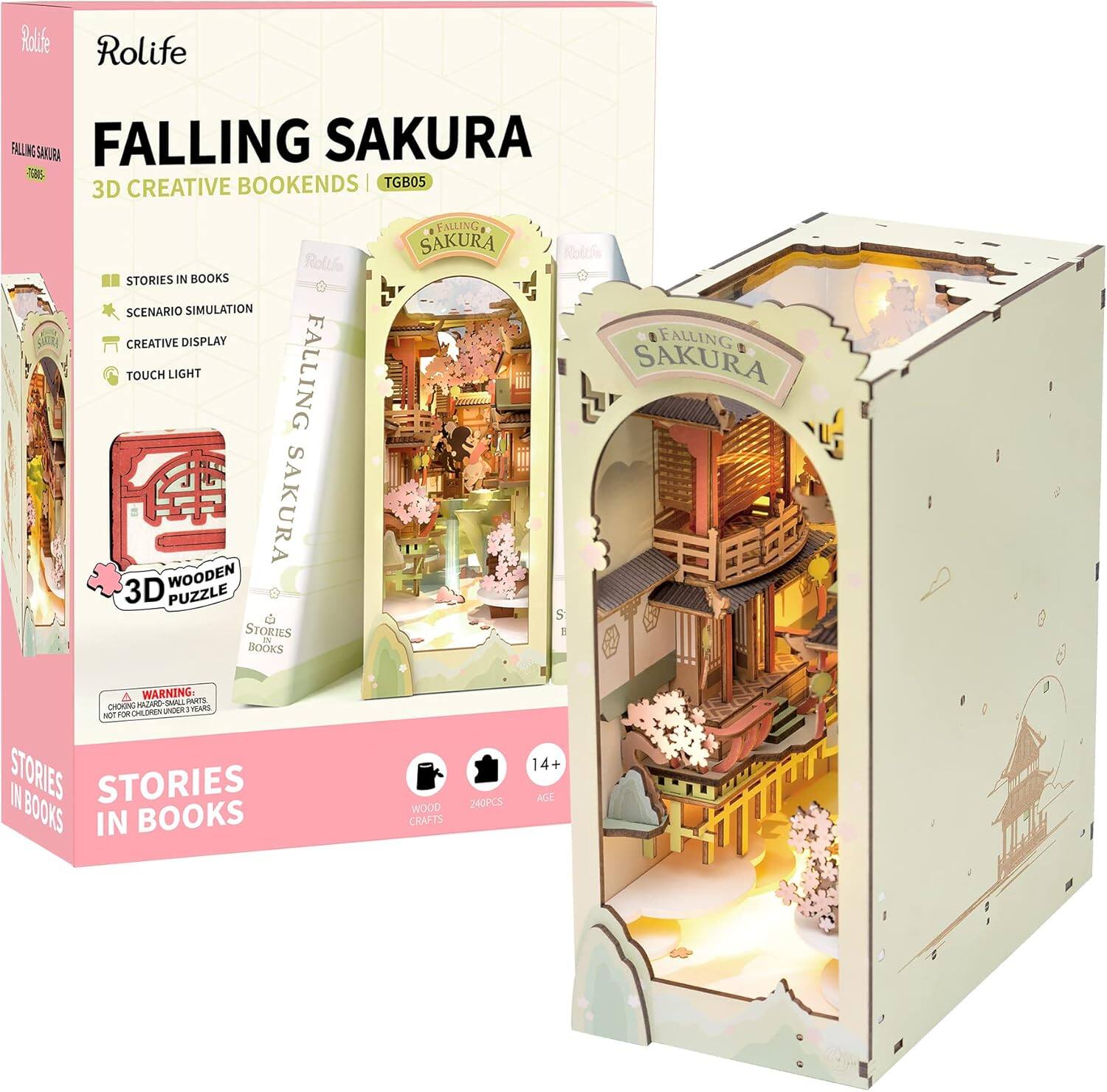 Rolife FALLING SAKURA 3D CREATIVE BOOKENDS TGB05

- STORIES IN BOOKS
- SCENARIO SIMULATION
- CREATIVE DISPLAY
- TOUCH LIGHT

3D WOODEN PUZZLE STORIES IN BOOKS

- 240PCS
- 14+ AGE

WARNING: CHOKING HAZARD - SMALL PARTS. NOT FOR CHILDREN UNDER 3 YEARS.