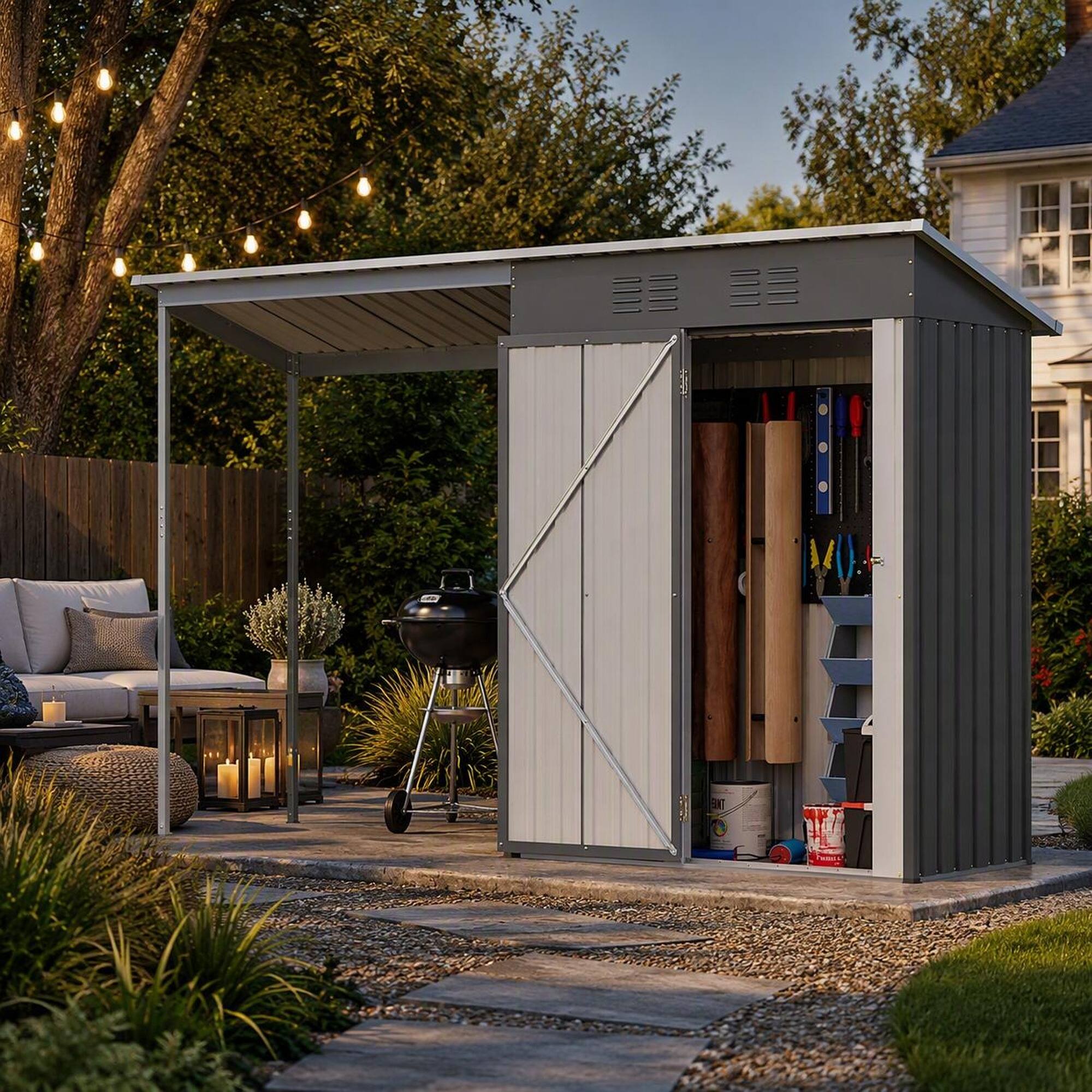 Left. RYHNUYNE - 2-in-1 Steel Shed Pergola 5x3 ft Lockable Storage Covered Patio Powder-Coated Frame - Grey.