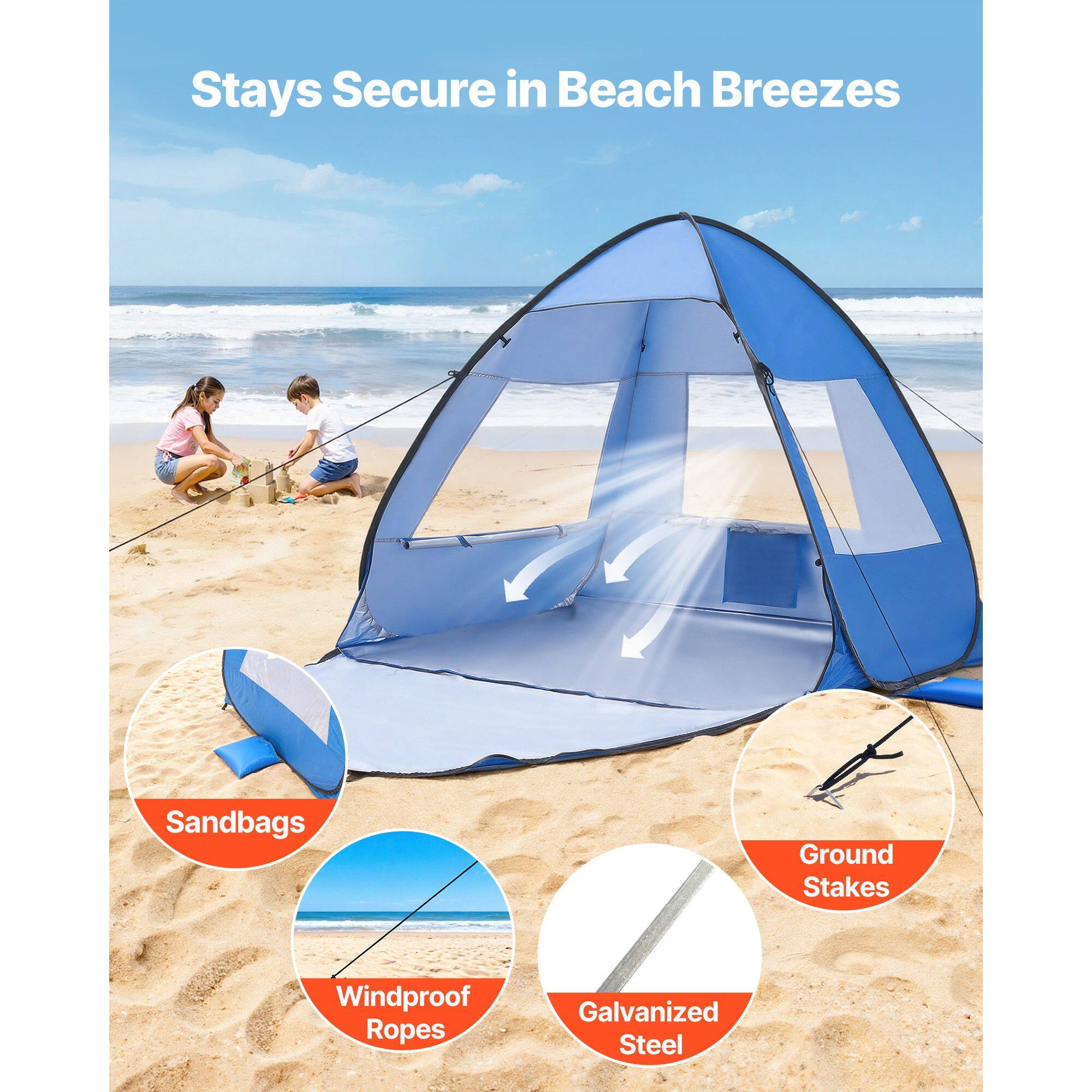 Stays Secure in Beach Breezes  
Sandbags  
Ground Stakes  
Windproof Ropes  
Galvanized Steel