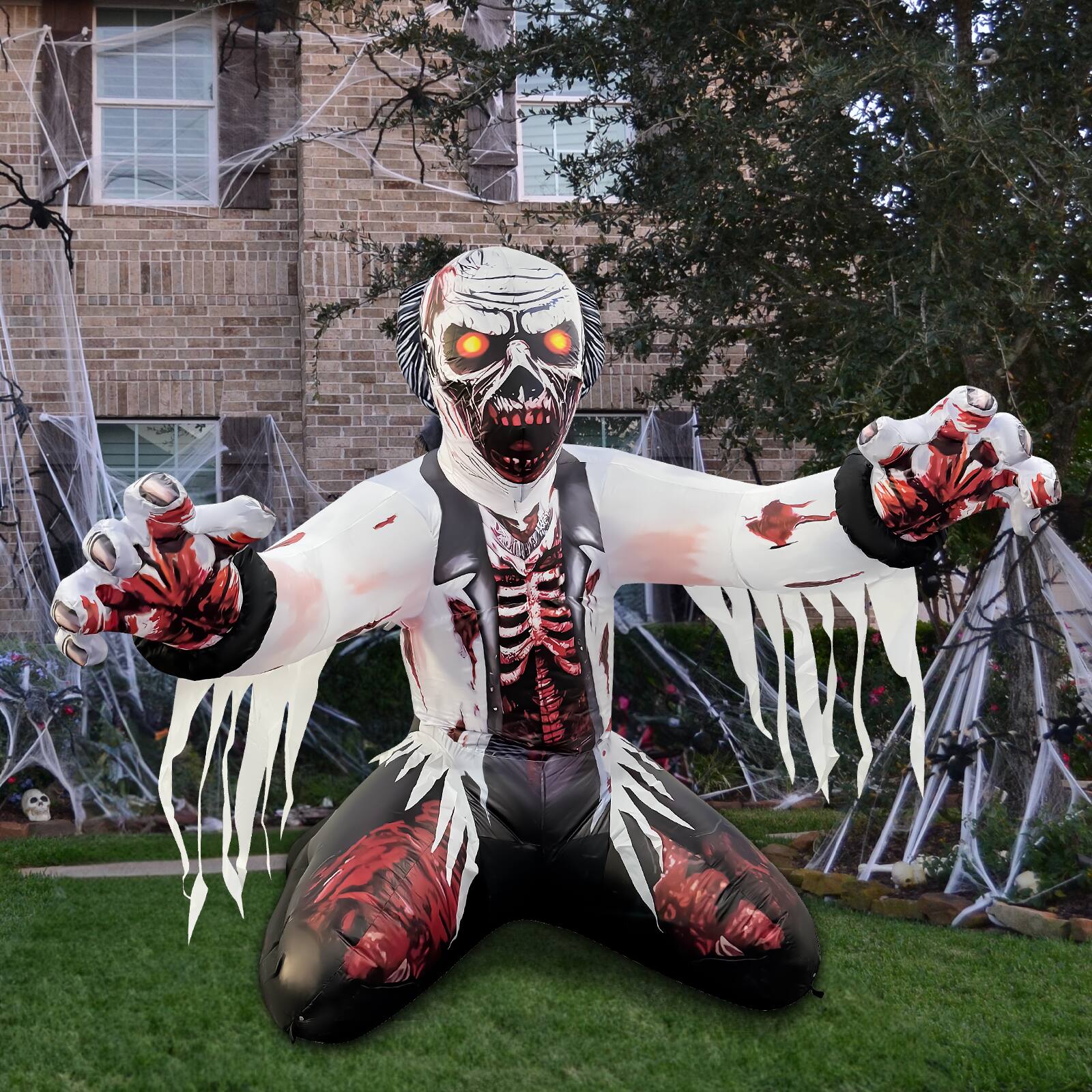 Back. GOOSH Inflatables - GOOSH 6FT Inflatable Zombie with Glowing Eyes – Light-Up Halloween Yard Decoration - White.