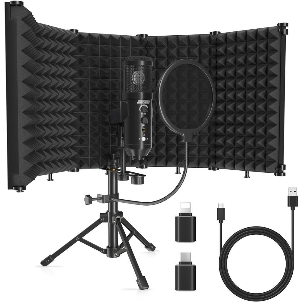 MOSZAR LLC - Studio Mic Isolation Shield – Pop Filter, Metal Tripod, PC/Laptop/Phone