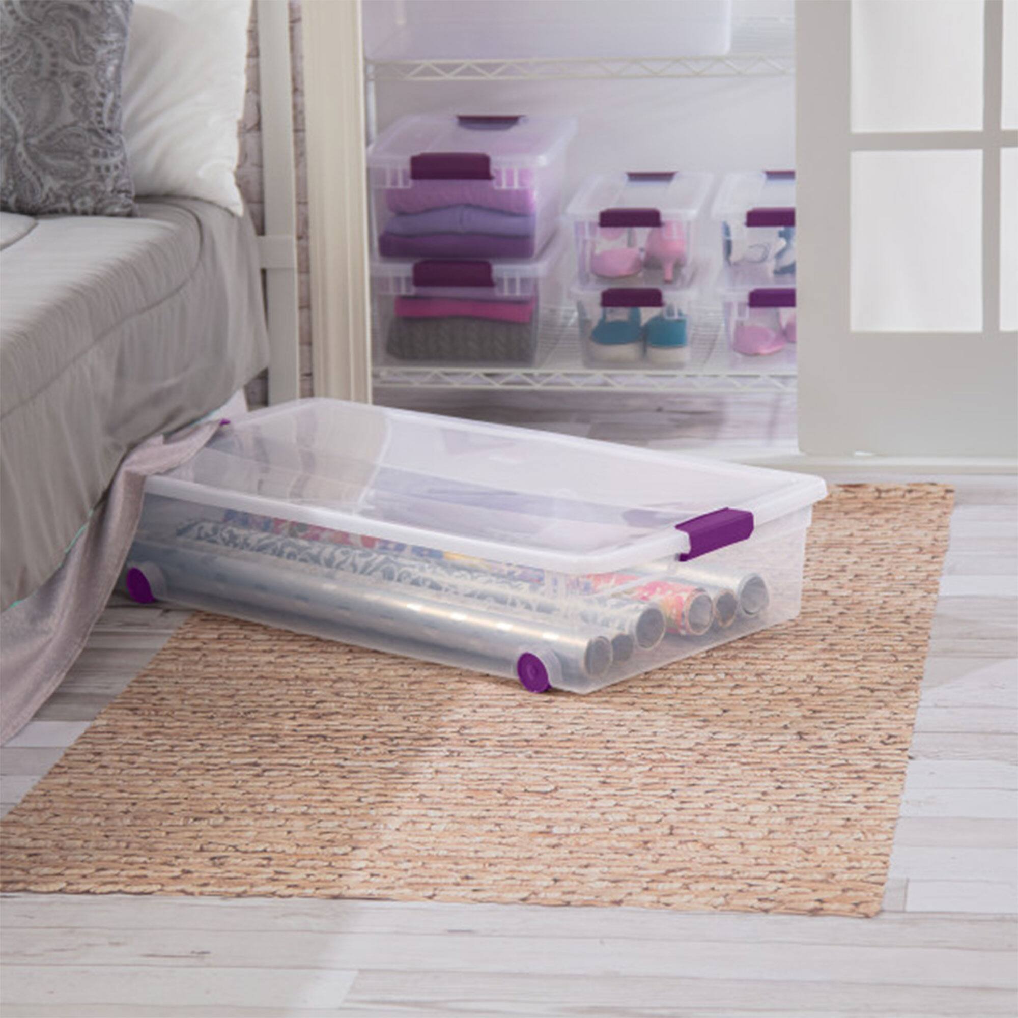 Alt View 4. Sterilite - Sterilite 60 Qt ClearView Latch Wheeled Underbed Stackable Storage Box, 4 Pack - Purple.