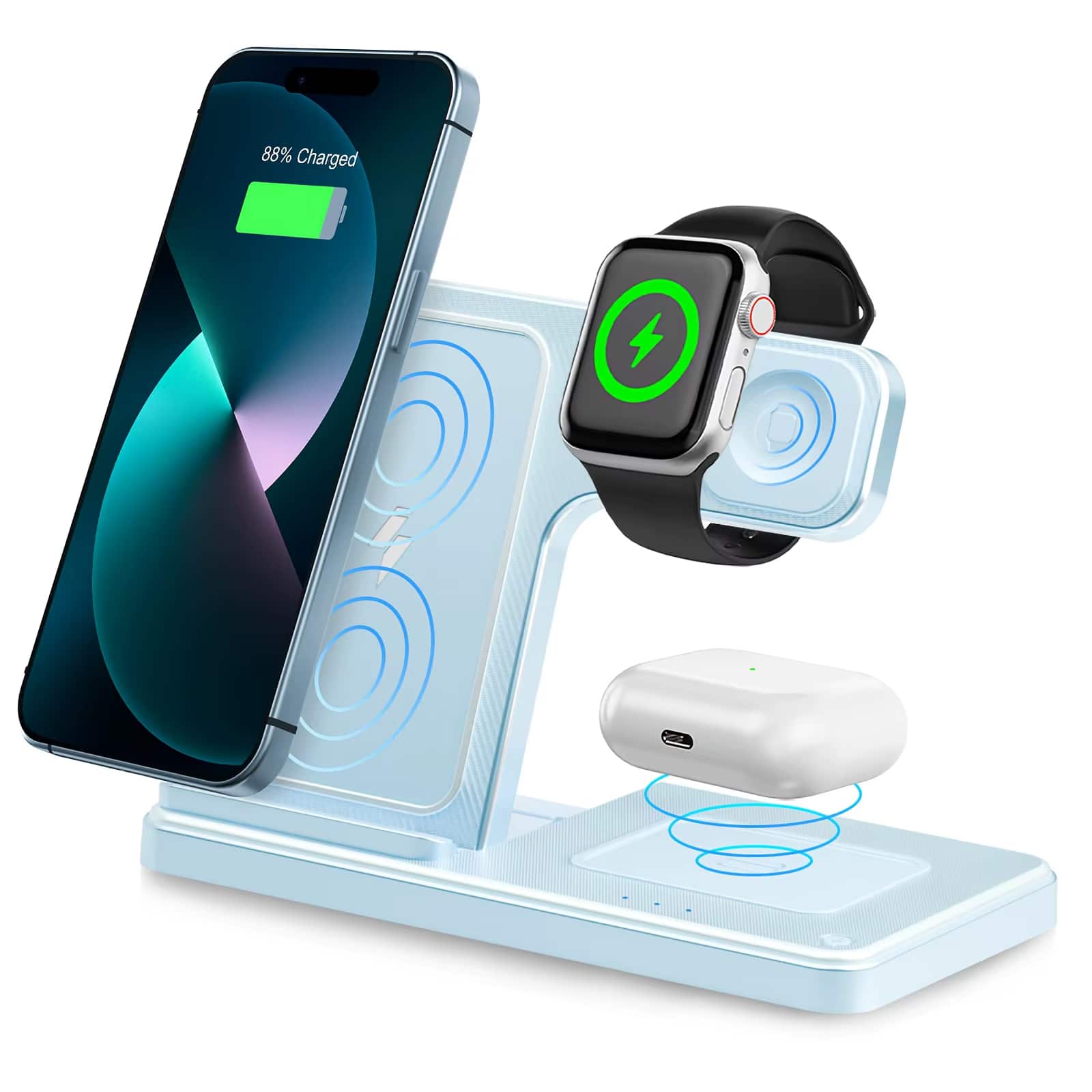 Luckbyte - 3-in-1 Magnetic Foldable Wireless Charging Station, 18W Fast Charger for iPhone 16-12, Apple Watch & AirPods, Travel Hub - Blue