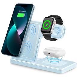 Luckbyte - 3-in-1 Magnetic Foldable Wireless Charging Station, 18W Fast Charger for iPhone 16-12, Apple Watch & AirPods, Travel Hub - Blue