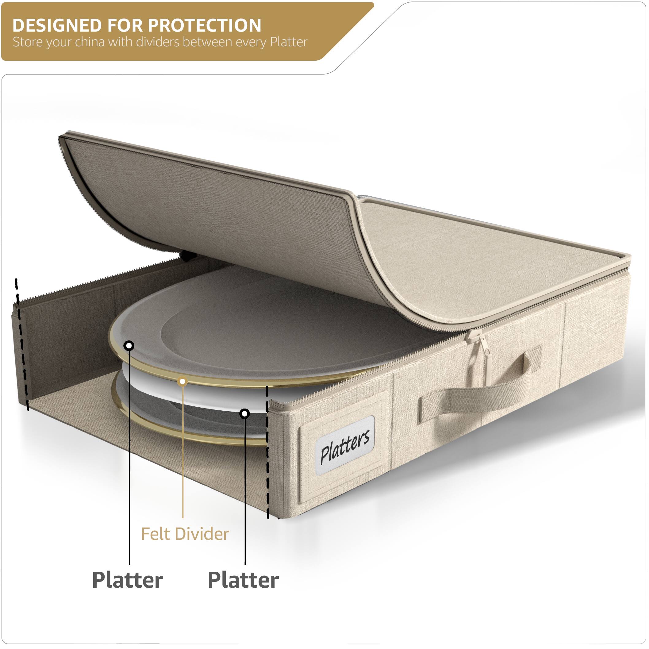 DESIGNED FOR PROTECTION  
Store your china with dividers between every Platter  

Platters  

Felt Divider  

Platter  

Platter