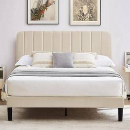 Hivvago - Full size Upholstered Platform Bed Frame with Headboard - Beige