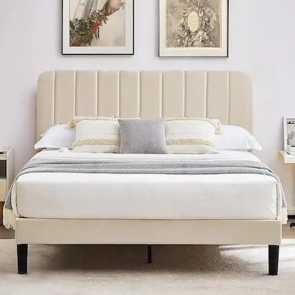 Front. Hivvago - Hivvago Full size Upholstered Platform Bed Frame with Headboard - Beige.