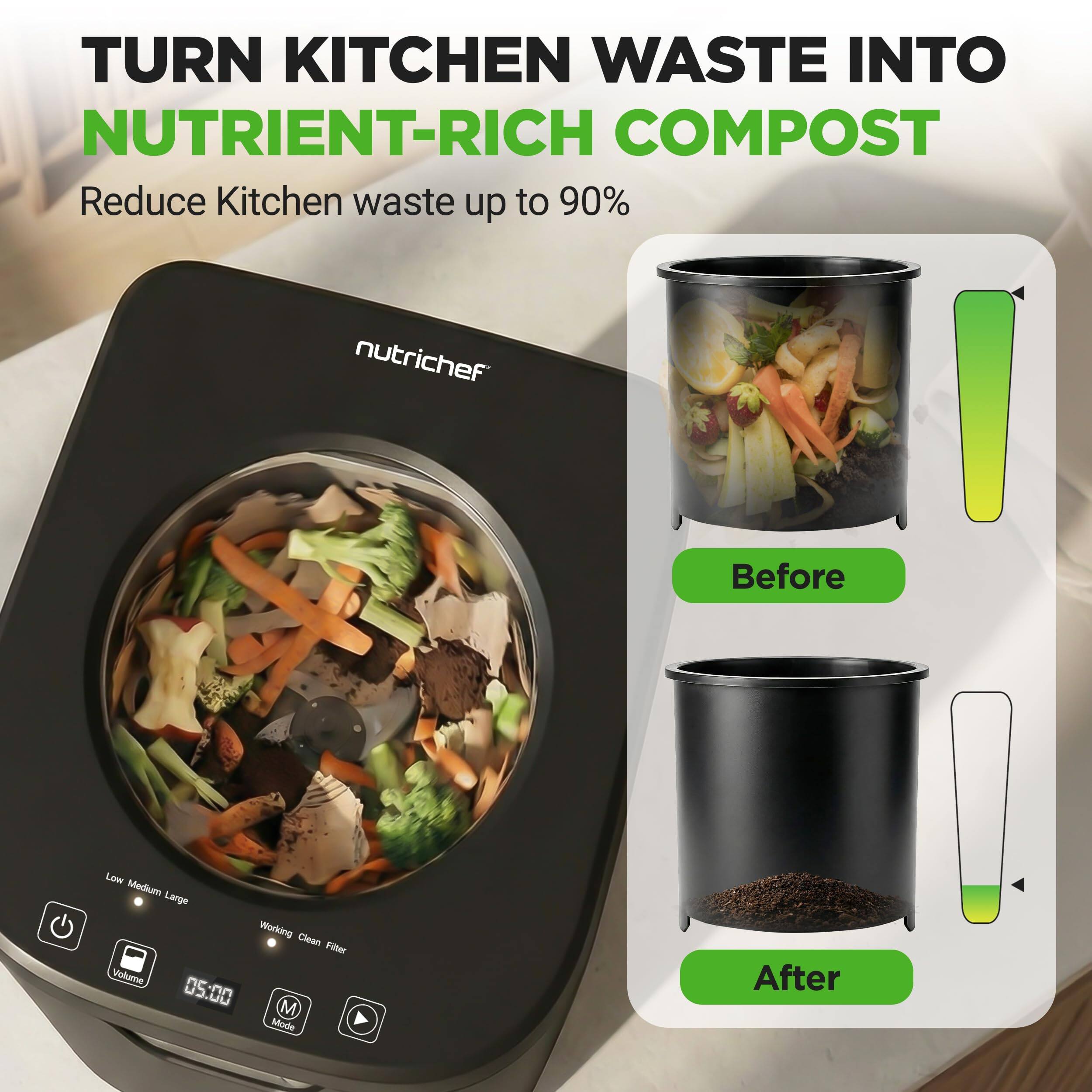 TURN KITCHEN WASTE INTO NUTRIENT-RICH COMPOST  
Reduce Kitchen waste up to 90%  

Before  
After