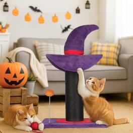 Winado - 24in Halloween Wizard Hat Cat Scratching Post with Spring Ball, Kitten Playing Tower Toy for Indoor Holiday Decoration - Purple