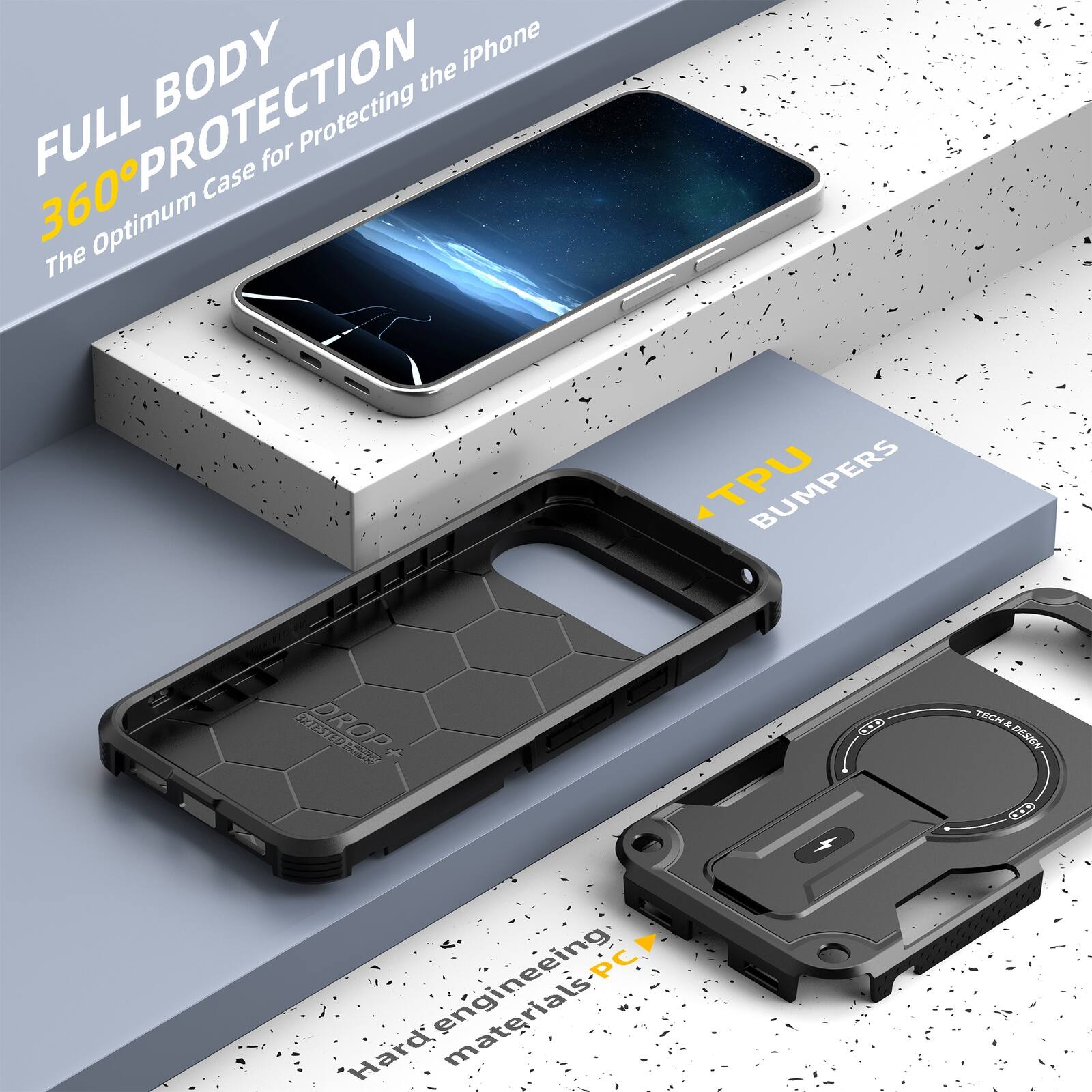 FULL BODY 360° PROTECTION  
The Optimum Case for Protecting the iPhone

TPU BUMPERS

Hard engineering materials - PC

TECH & DESIGN