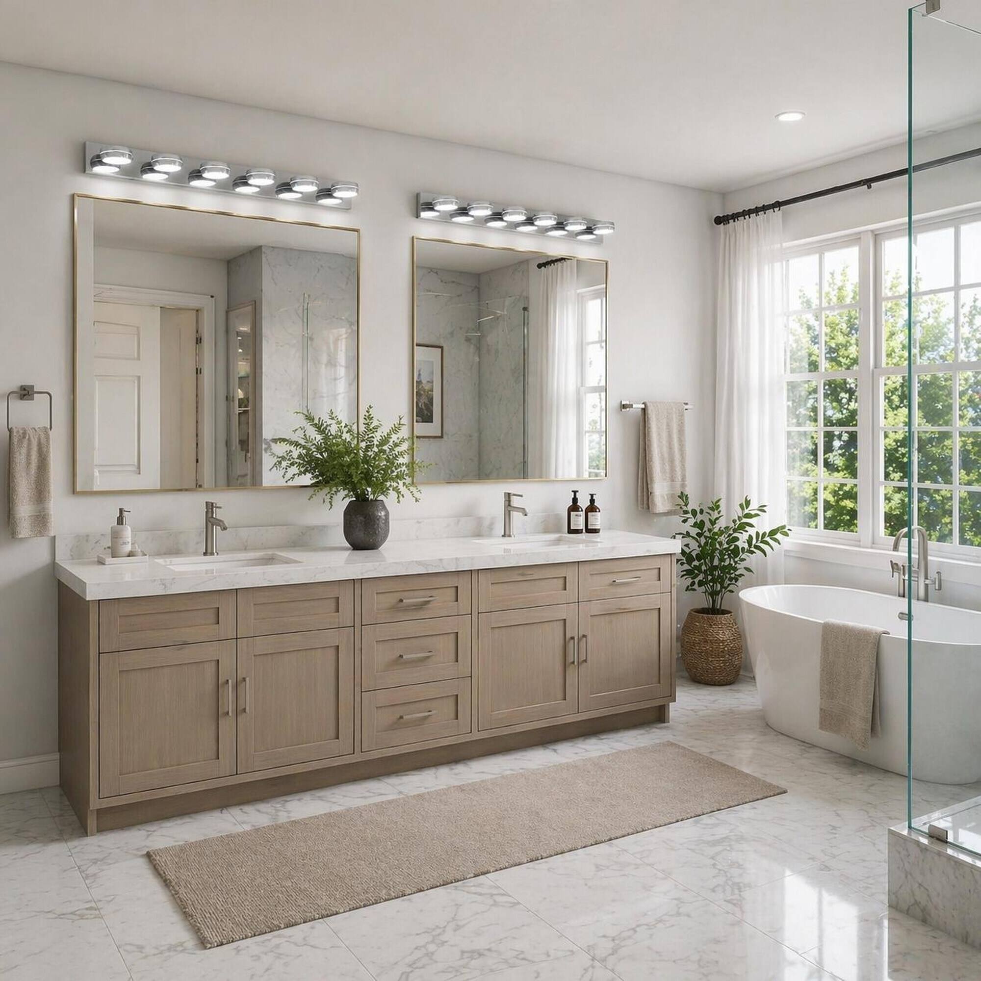 Left. RYHNUYNE - 43" LED Vanity Light,6‑Light Chrome Bathroom Light Fixture Over Mirror,Wall Mount Mirror Lighting for Bathroom - Chrome.