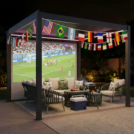 Mondawe - 10x13FT Electric Louver Pergola with LED Lights, Rain Sensor and Motorized Projector Screen– Buy Now & Get a Free Flag - Gray