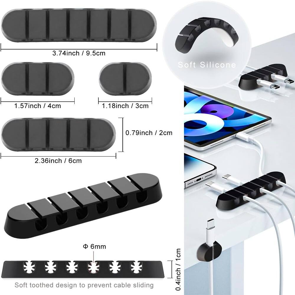 3.74 inch / 9.5 cm  
1.57 inch / 4 cm  
1.18 inch / 3 cm  
0.79 inch / 2 cm  
2.36 inch / 6 cm  
6 mm  
Soft toothed design to prevent cable sliding  
0.4 inch / 1 cm  

Soft Silicone