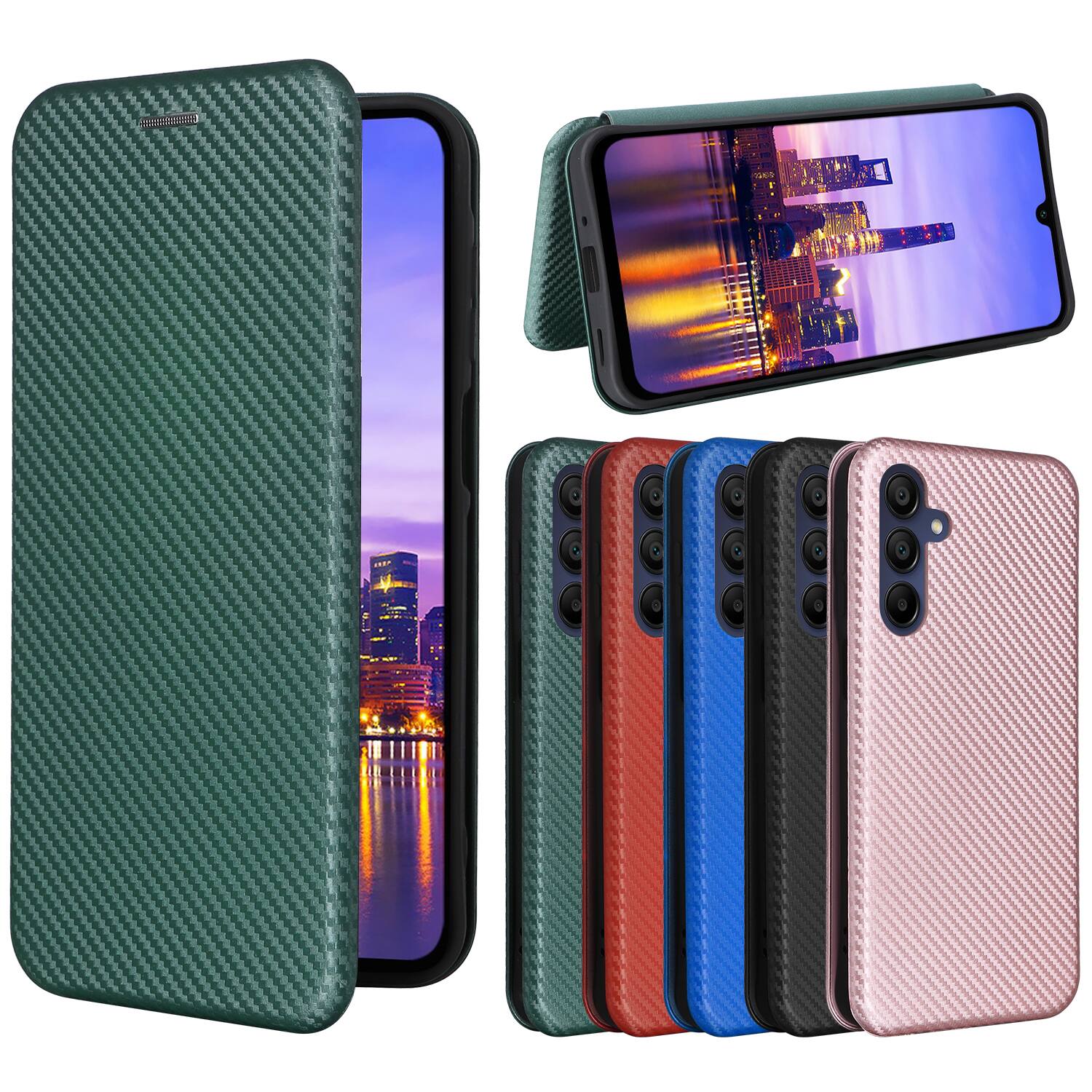 Alt View 3. Dteck - Carbon Fiber Texture Folio Phone Case for Samsung Galaxy A16 5G,PU Leather Magnetic Closure Hidden Card Slot Flip Cover - Green.