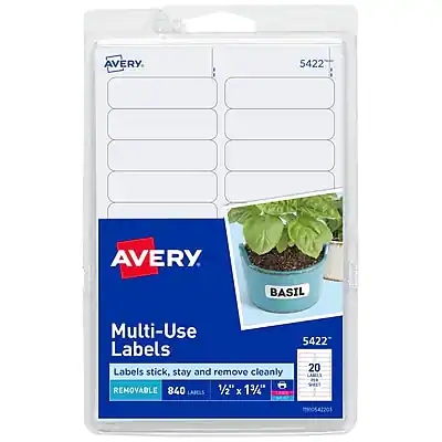 AVERY
5422
Multi-Use Labels
Labels stick, stay and remove cleanly
REMOVABLE
840 LABELS
1/2" x 1 3/4"
20 LABELS
94 mnc542201