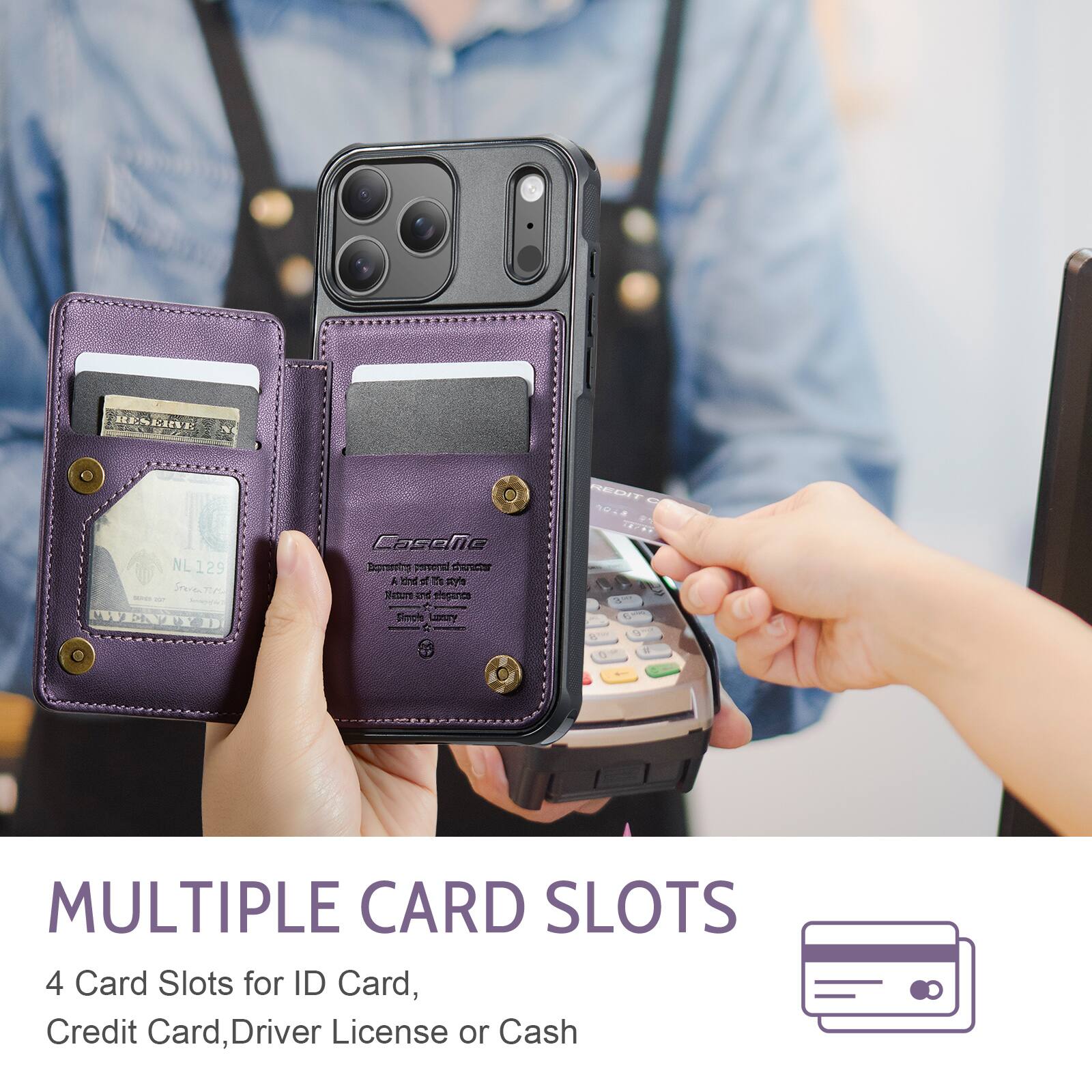 RESERVE NL129 innetin me - - 1B WENTY .. Lasene nigosing pnerd no A knd t  Sat Ind e mo LY L ELUT . - 4 MULTIPLE CARD SLOTS 4 Card Slots for ID Card, Credit Card, Driver License or Cash