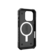 The image features a black case for a cell phone, which is designed to protect the device. The case has a unique design, with a magnifying glass on the front, and the word "UAG" written on it. The case is made of durable materials and is designed to withstand everyday wear and tear. The magnifying glass on the front adds a stylish touch to the case, making it stand out from other generic cases.