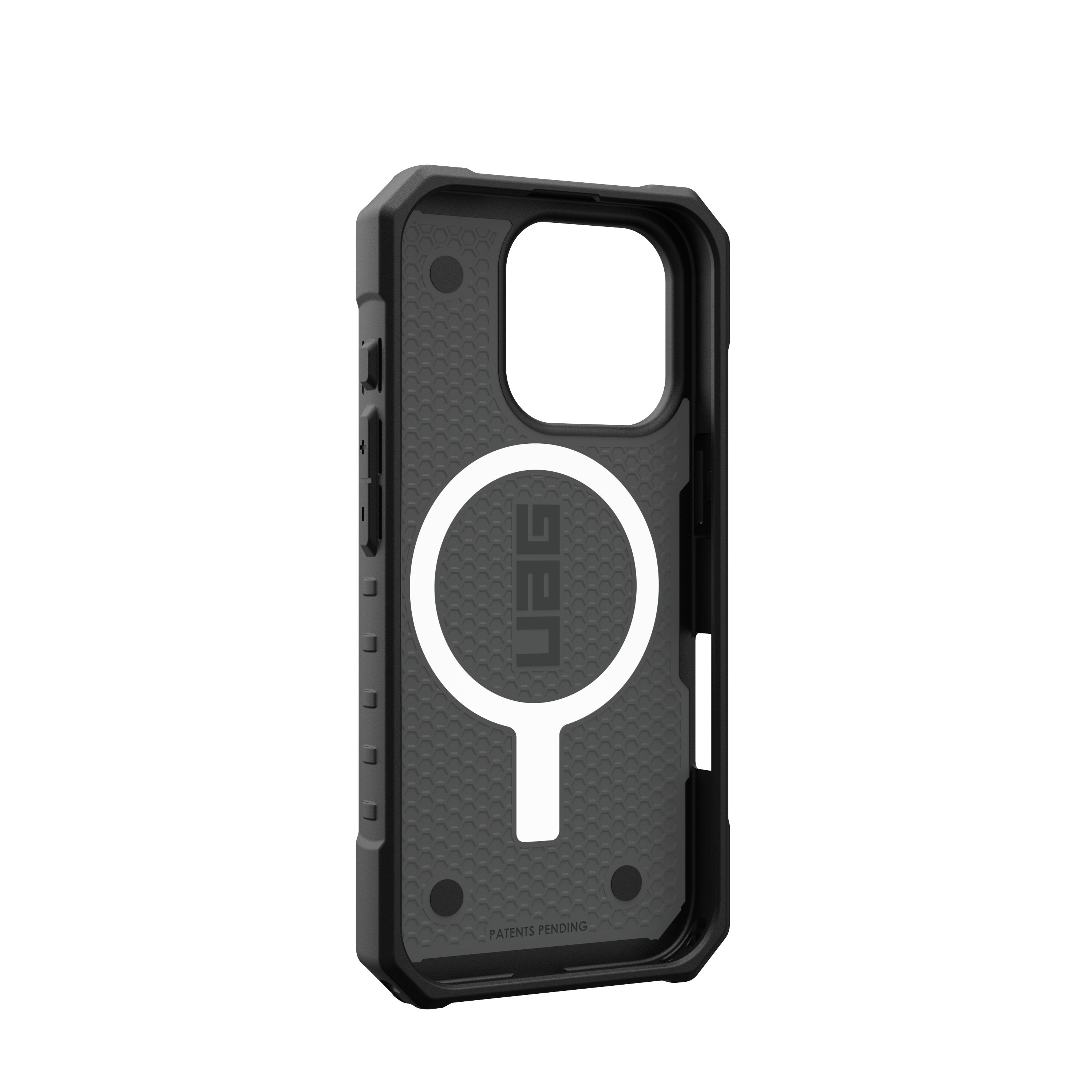 The image features a black case for a cell phone, which is designed to protect the device. The case has a unique design, with a magnifying glass on the front, and the word "UAG" written on it. The case is made of durable materials and is designed to withstand everyday wear and tear. The magnifying glass on the front adds a stylish touch to the case, making it stand out from other generic cases.