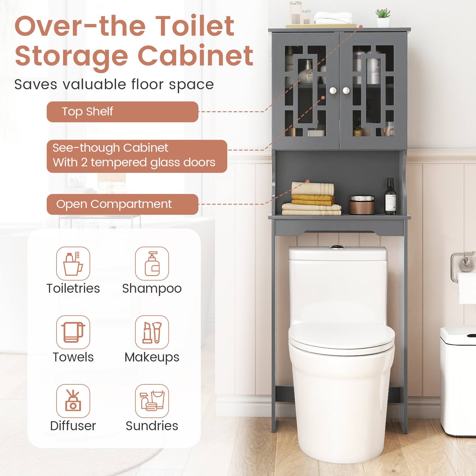 Gymax 67'' Over The Toilet Storage Cabinet w/ Adjustable Shelf Gray ...