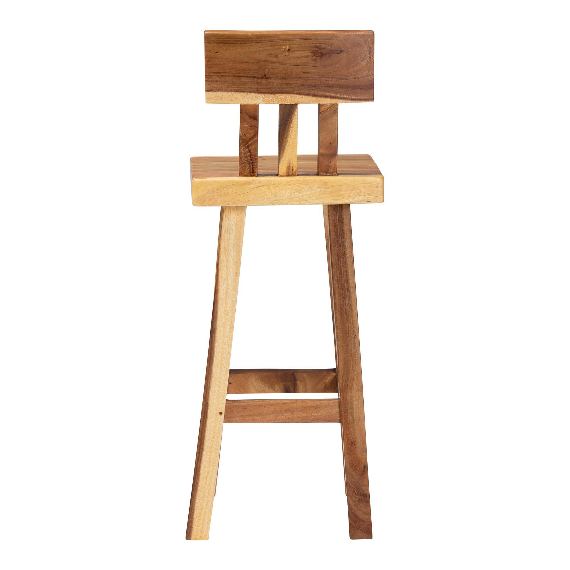 Back. bali & pari - Luli Suar Wood Bar Stool - Handcrafted Solid Wood Stool with Backrest, Rustic Modern Seating for Kitchen or Bar Area - Natural Brown.