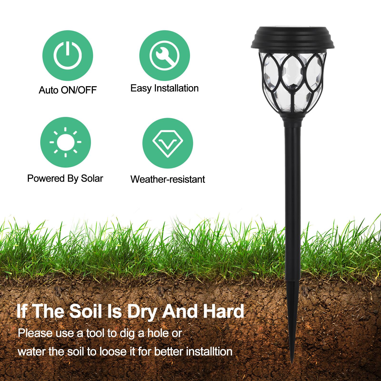 Auto ON/OFF  
Easy Installation  
Powered By Solar  
Weather-resistant  

If The Soil Is Dry And Hard  
Please use a tool to dig a hole or water the soil to loosen it for better installation