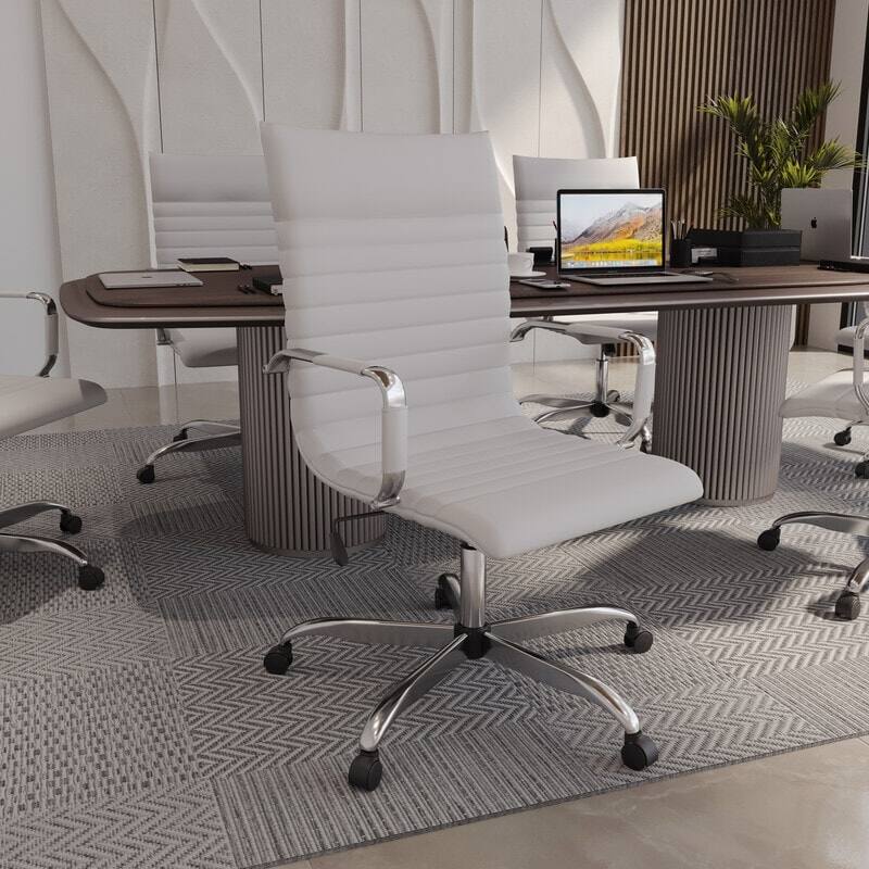 Angle. LeisureMod - Harris High-Back Office Chair, Leather Upholstery with Gold Metal Frame Modern Armless Desk Chair for Conference Seating - White.