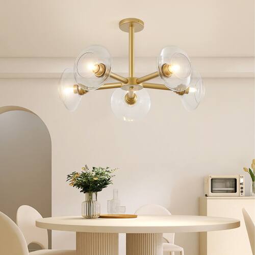 Alt View 2. LUCKY ONE - 26in Hanging Sputnik Chandelier, 5-Light Gold Mid-Century Pendant for Dining Room Living Room Kitchen - Gold.
