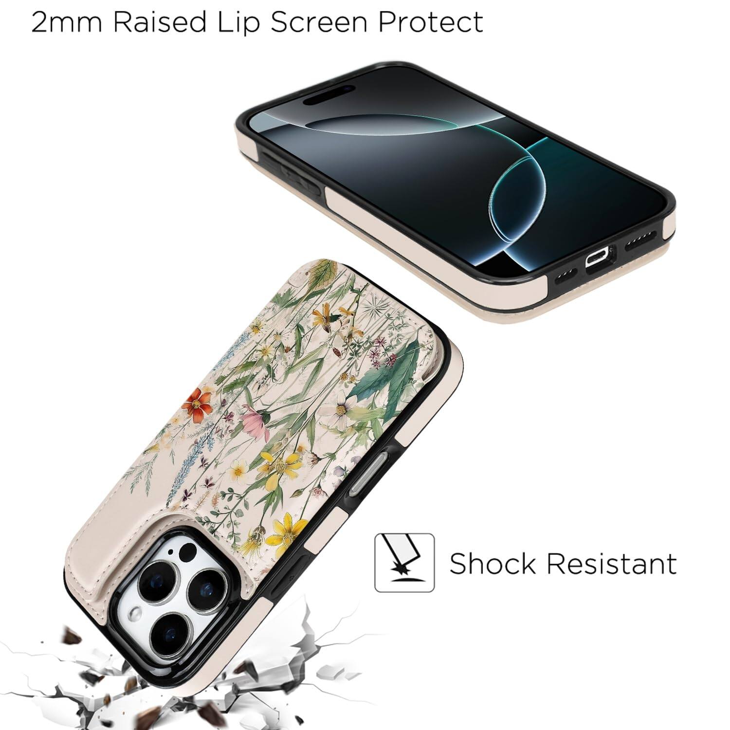 Alt View 2. Jadie Link - Pro Wallet Case Card Holder Leather Rfid Blocking Design Flip Women Men Magnetic Clasp Kickstand 6.3 Inch desert Flowers - Desert Flowers-iPhone 16 Pro Max.