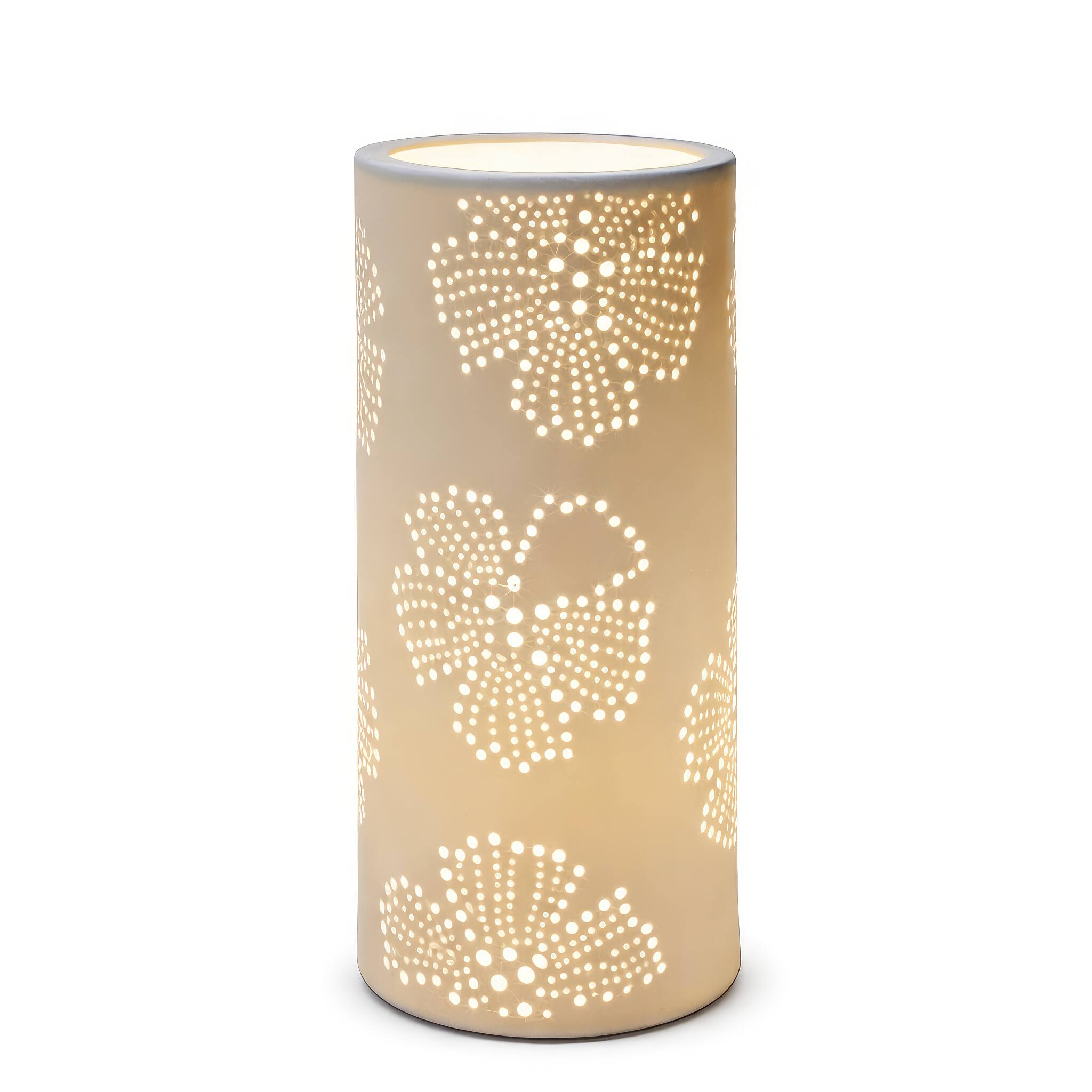 Angle. FC Design - 11"H Golden Cylinder w/ Floral Pierced Glow Design Table Lamp.