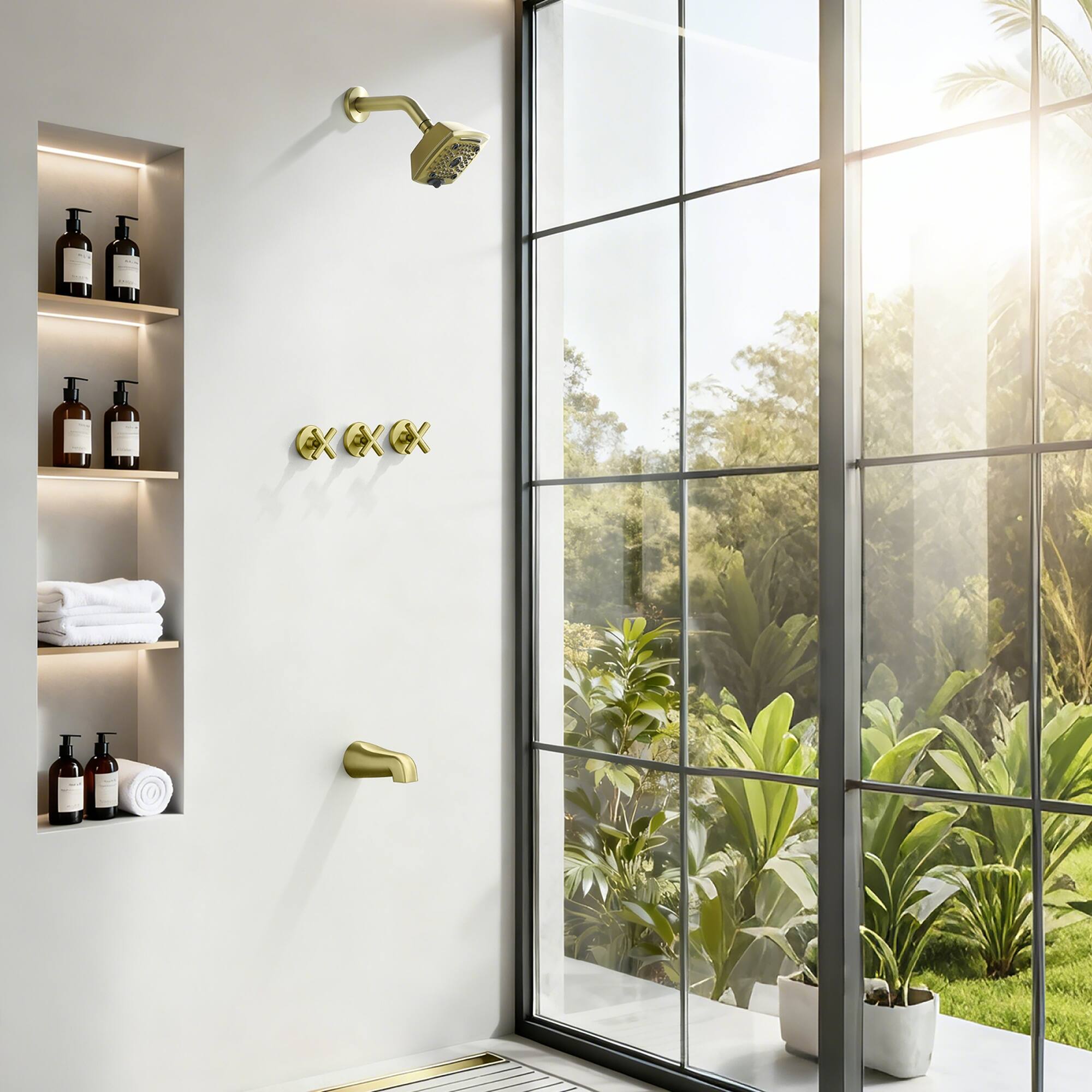 Alt View 1. Boyel Living - Brushed Gold Tub and Shower Set Brass SUS304 Three Handle 5-Function Top Spray High-Flow - Brushed Gold.