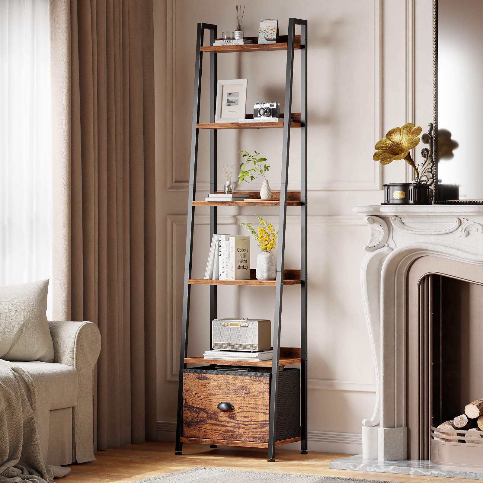 Furnulem - 5Tier Ladder Shelf with Storage Drawers Vintage Wooden Black Metal Frame Freestanding Bookcase for Living Room - Brown