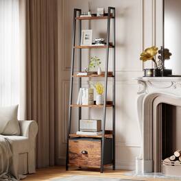 Furnulem - 5Tier Ladder Shelf with Storage Drawers Vintage Wooden Black Metal Frame Freestanding Bookcase for Living Room - Brown