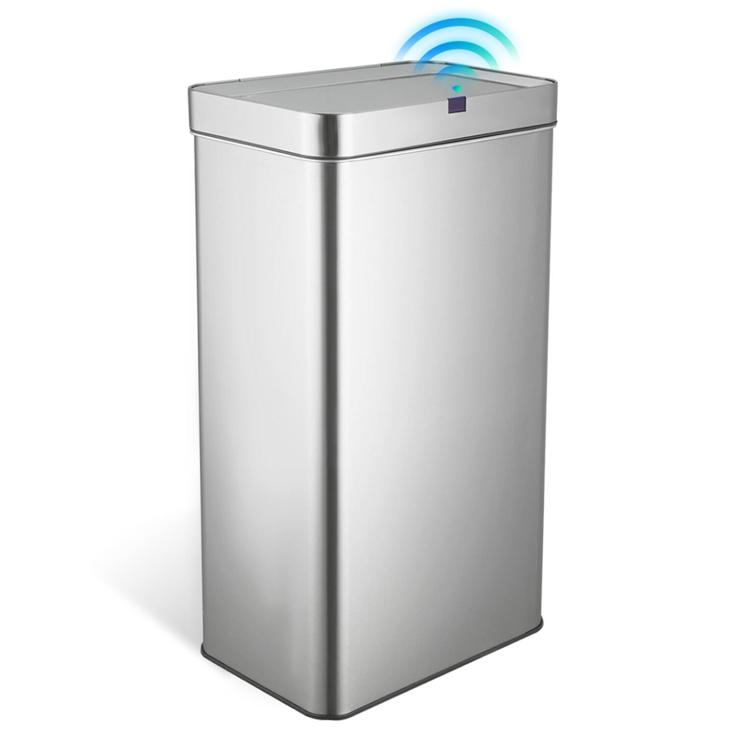 Angle. Innovaze - 18 Gallon Stainless Steel Rectangular Motion Sensor Trash Can for Kitchen - Silver.