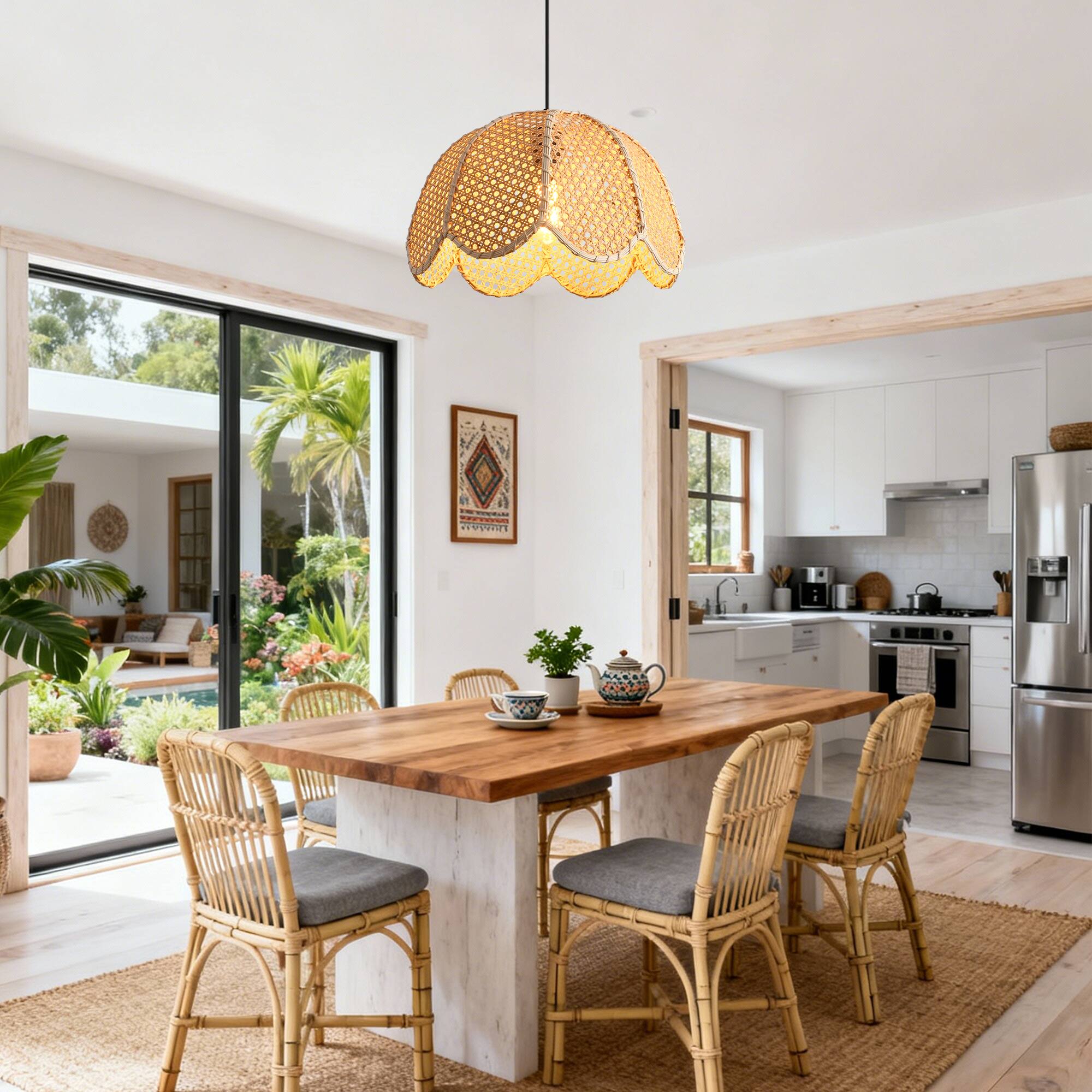 Back. Parrot Uncle - 1-Light Farmhouse Flower Shaped Brown Hand-Woven Natural Rattan Hanging Pendant Light.