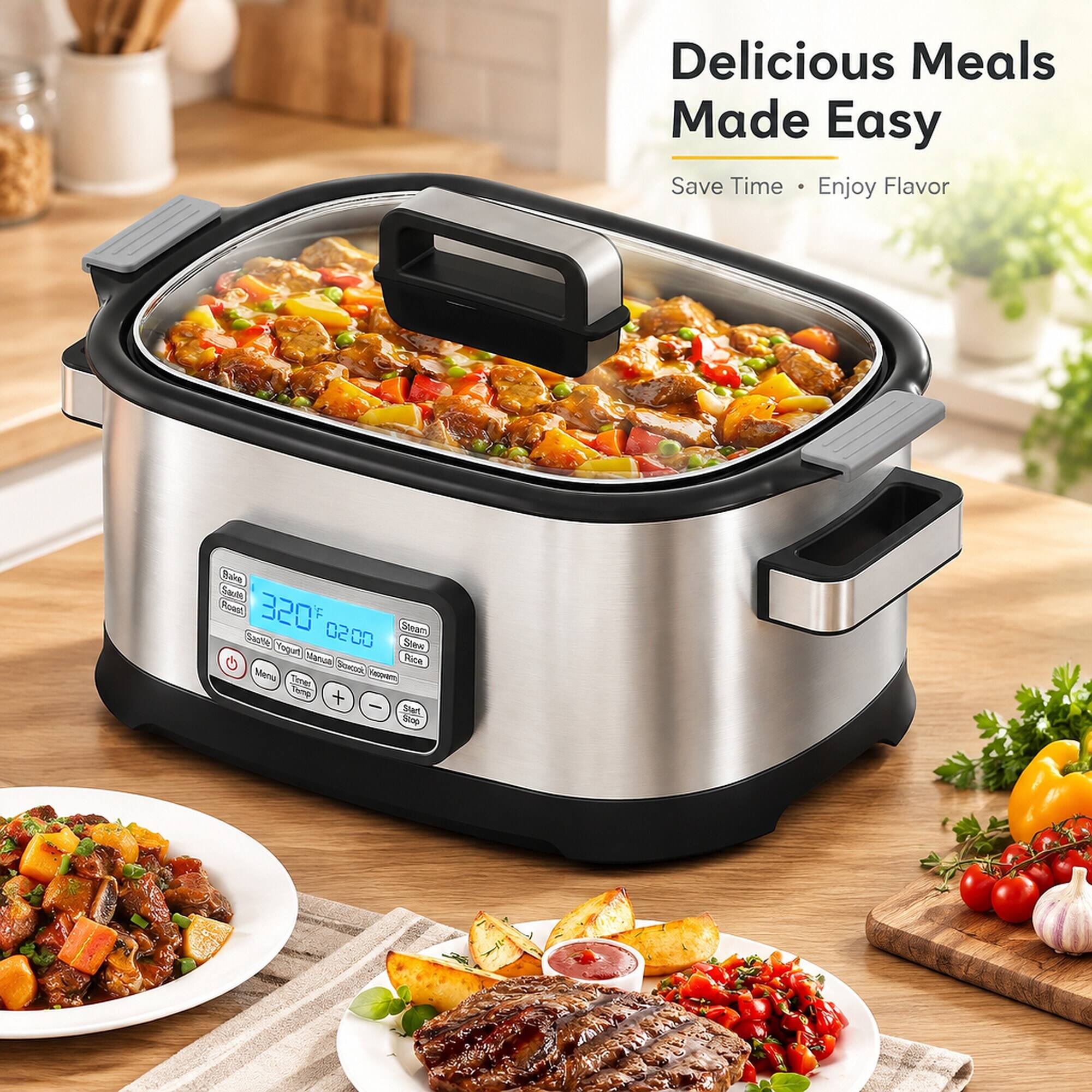 Delicious Meals Made Easy  
Save Time • Enjoy Flavor  

Bake  
Sauté  
Roast  
320°F  
00:50  
Steam  
Saute  
Yogurt  
Stew  
G  
Manual  
Slowcook  
Rice  
Menu  
servings  
Keepwarm  
Temp +  
Start  
Stop