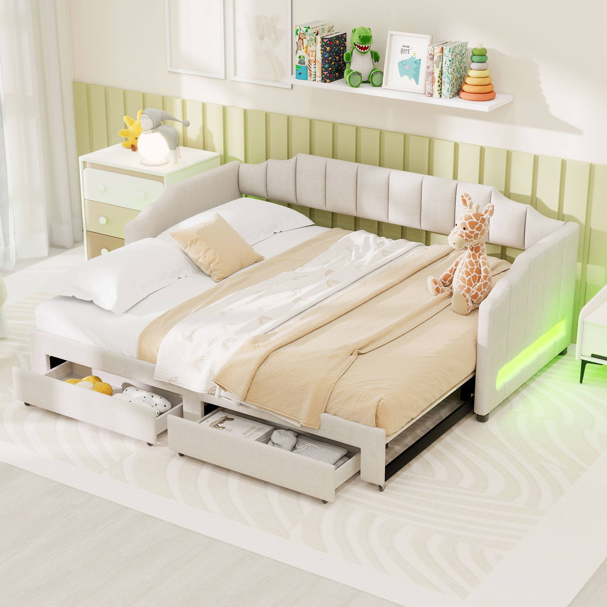 Whisen - Extendable Daybed, Twin XL to King Size Bed with Storage Drawers & LED Lights for Guest Bedroom - Beige