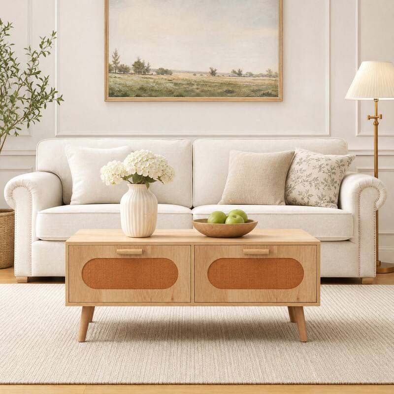 Angle. WELLFOR - 39.5" Rattan Coffee Table with 2 Storage Drawers, Mid Century Modern Center Table Cocktail Tea Table for Living Room - Natural.