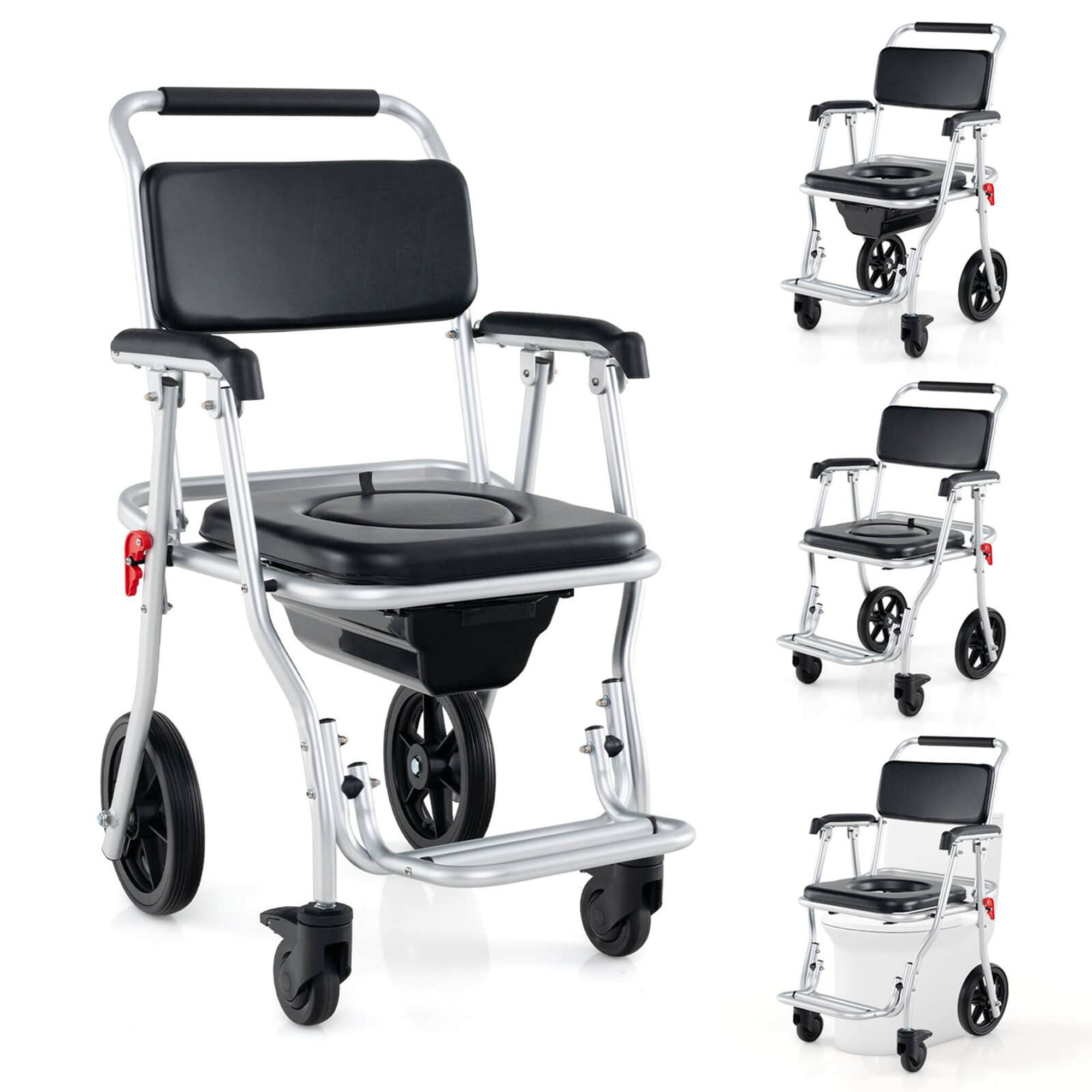 Alt View 9. Costway - Costway 4-in-1 Bedside Commode Chair with Brakes, Bucket Footrest Padded Seat & Backrest - Black+ Silver.